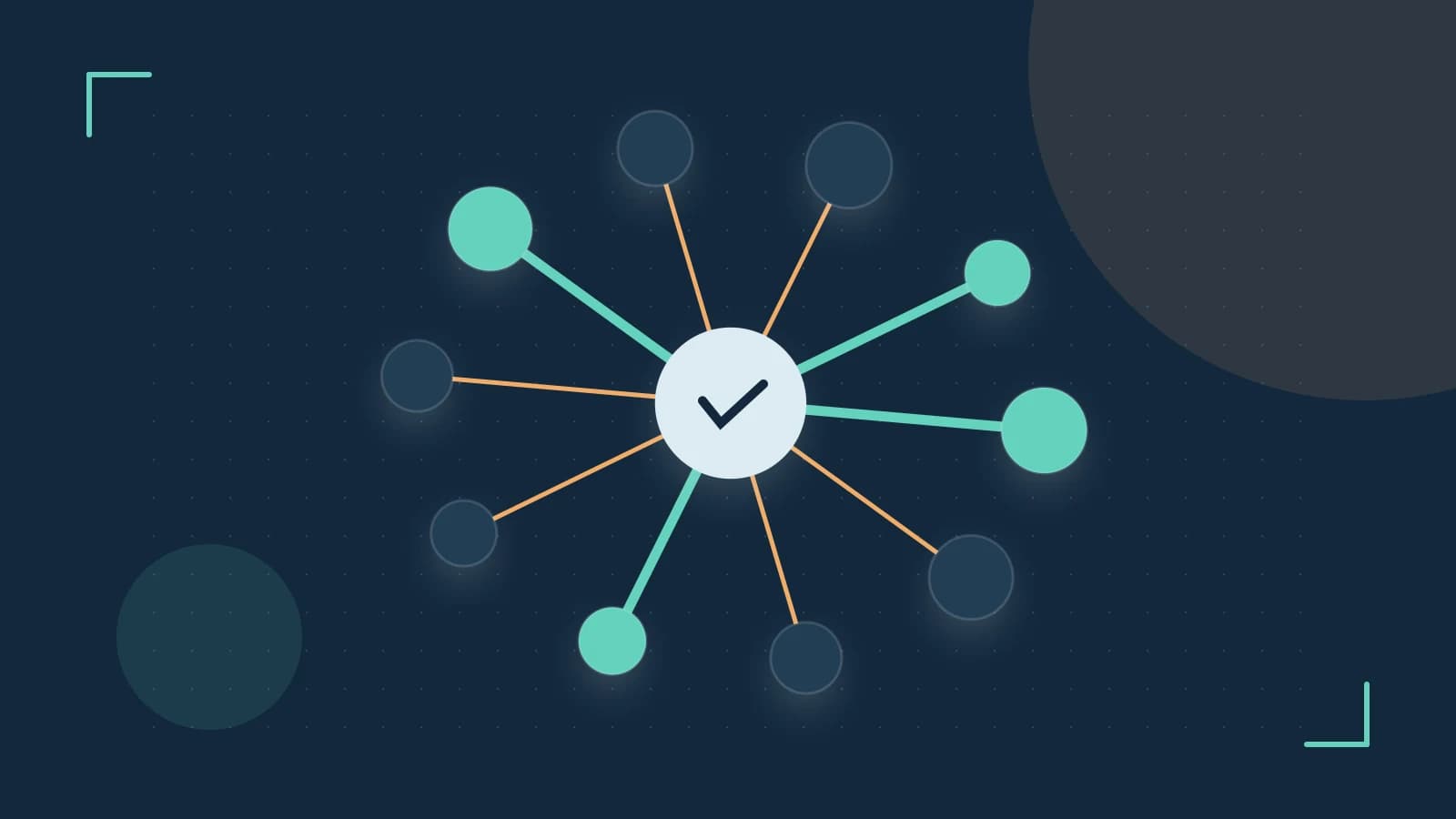 Editorial illustration of an algorithmic node graph with branching paths and a highlighted result