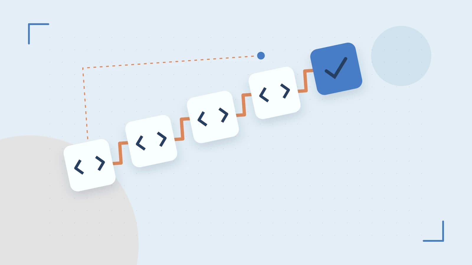 Editorial illustration of a branching build pipeline, staged transformations and a completed check