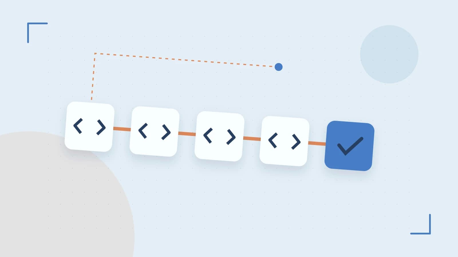 Editorial illustration of a branching build pipeline, staged transformations and a completed check