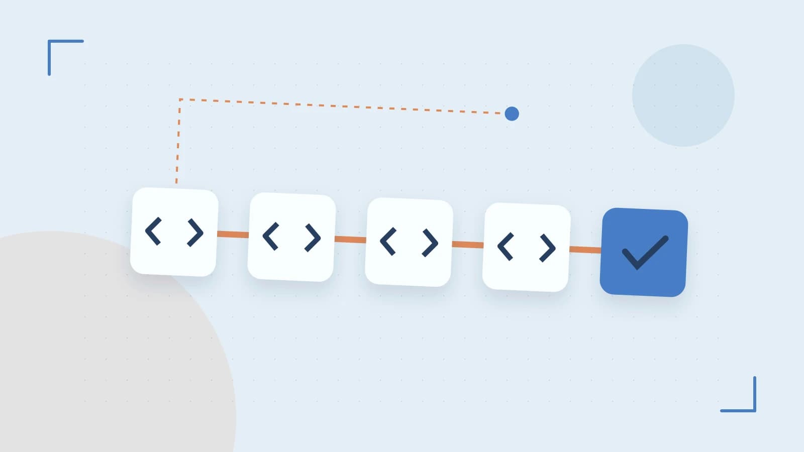 Editorial illustration of a branching build pipeline, staged transformations and a completed check