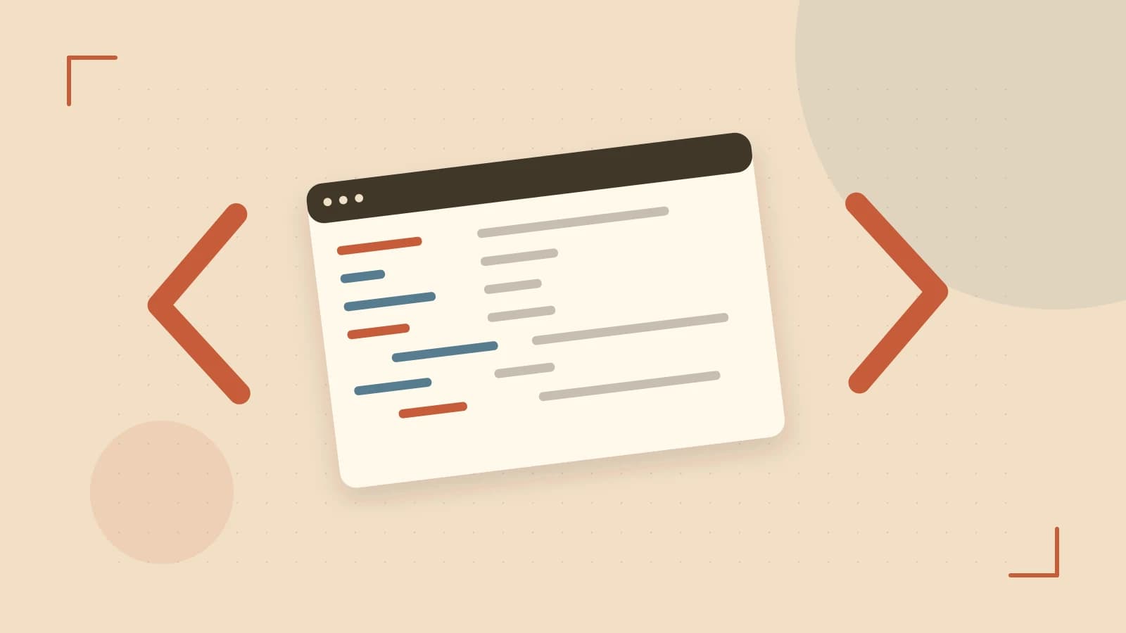 Editorial illustration of an abstract code editor, syntax blocks and oversized programming brackets