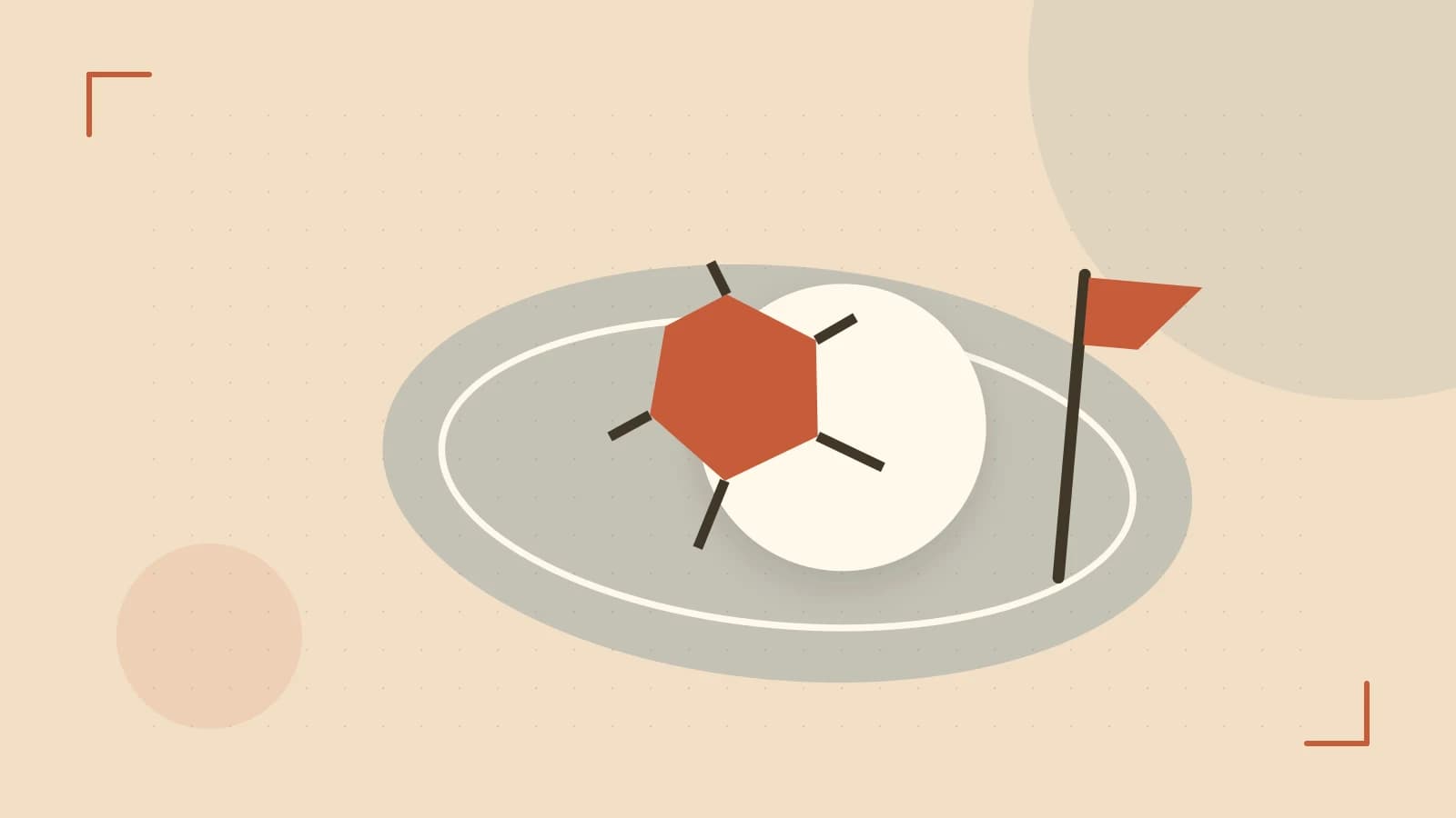 Editorial illustration of a stylized sports ball, stadium geometry and dynamic arcs