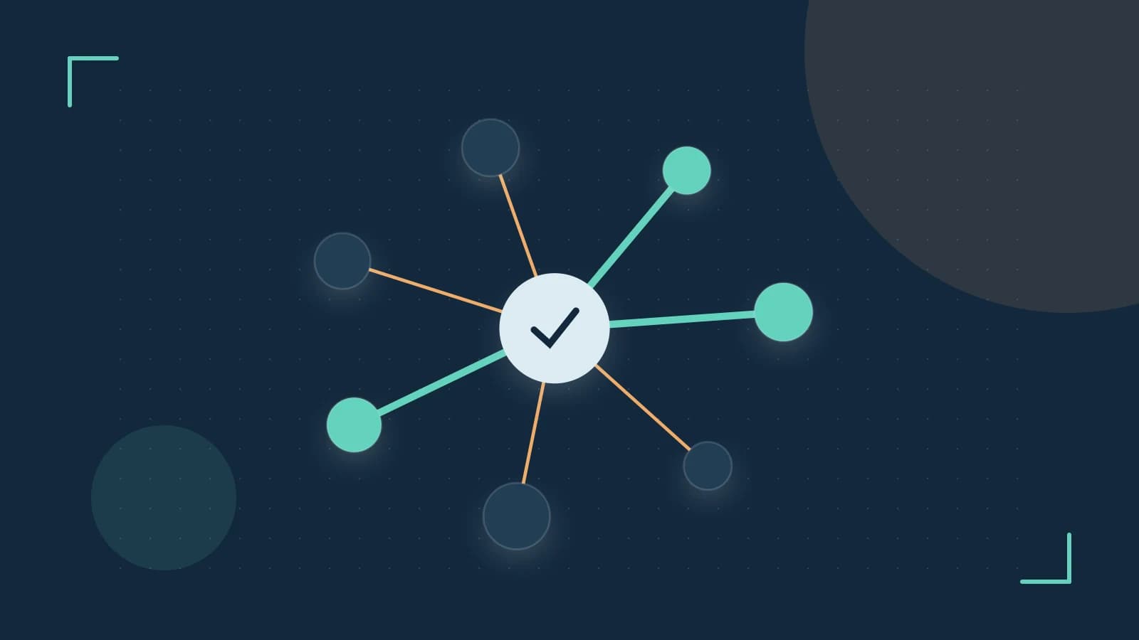 Editorial illustration of an algorithmic node graph with branching paths and a highlighted result