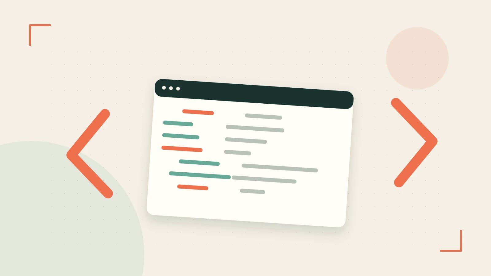 Editorial illustration of an abstract code editor, syntax blocks and oversized programming brackets