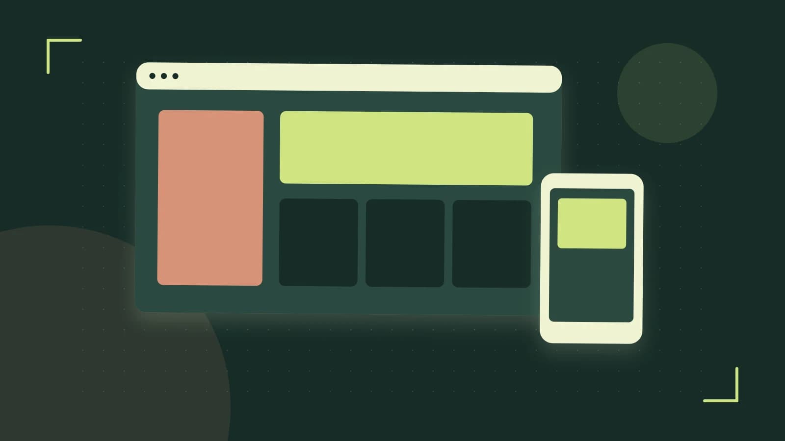 Editorial illustration of responsive browser layouts, overlapping design components and a color system