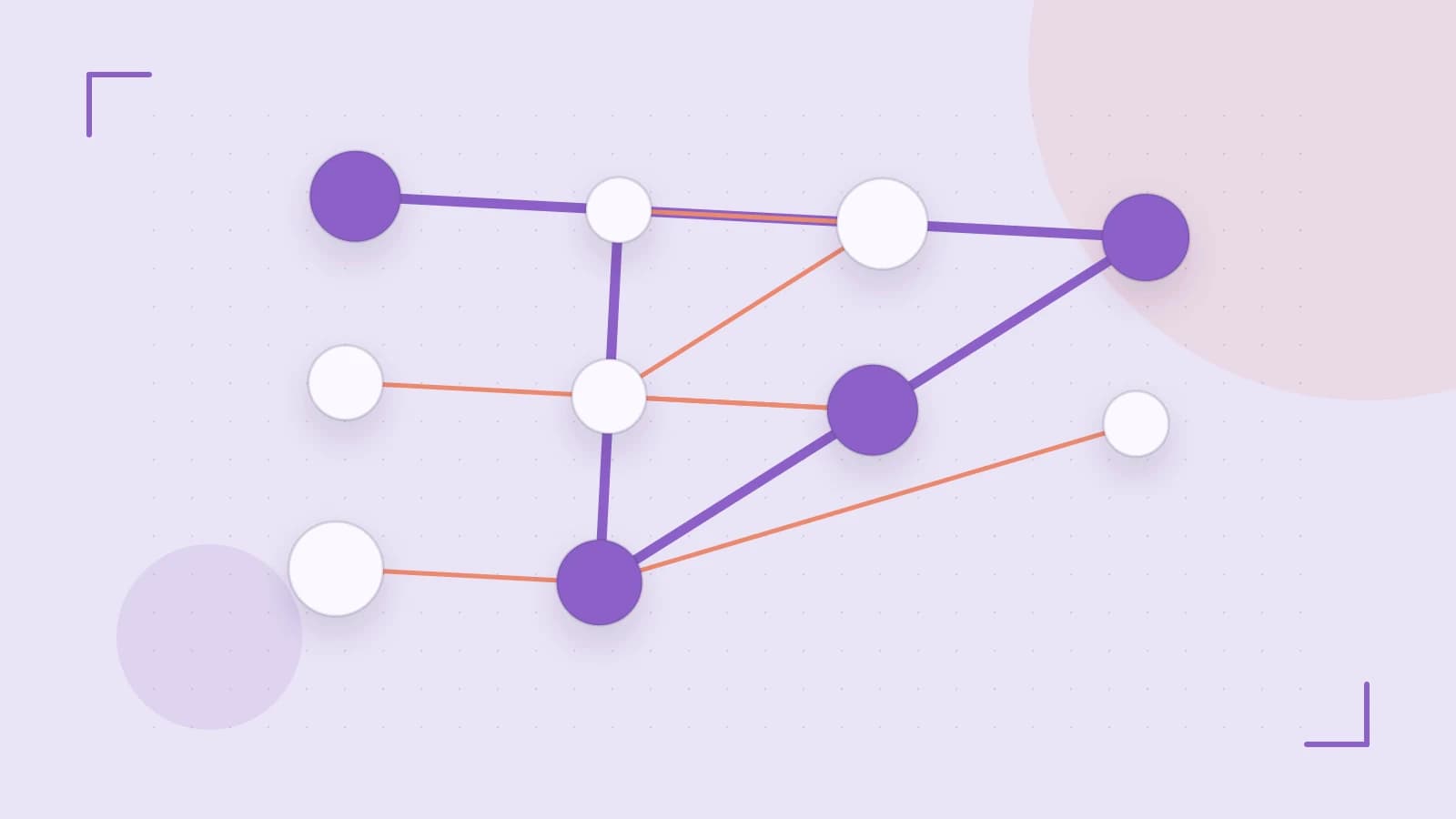 Editorial illustration of an algorithmic node graph with branching paths and a highlighted result