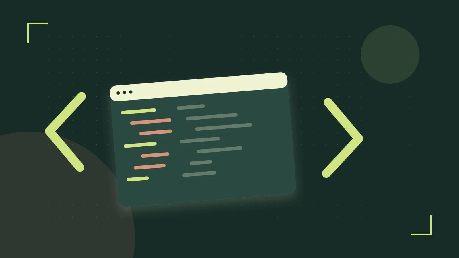 Editorial illustration of an abstract code editor, syntax blocks and oversized programming brackets