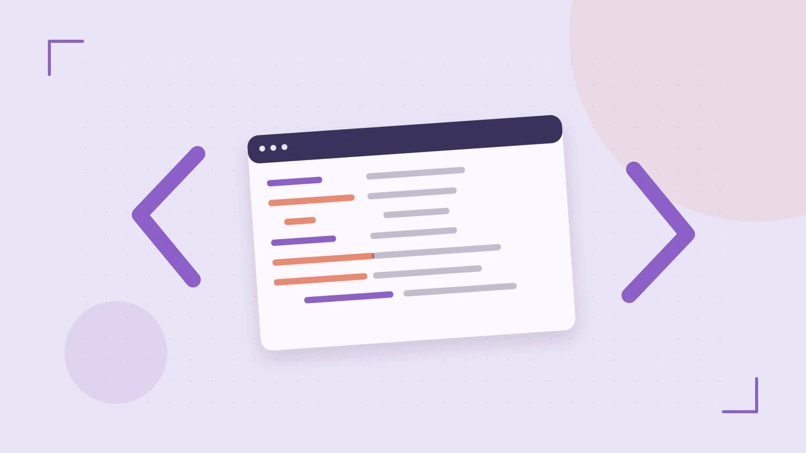 Editorial illustration of an abstract code editor, syntax blocks and oversized programming brackets