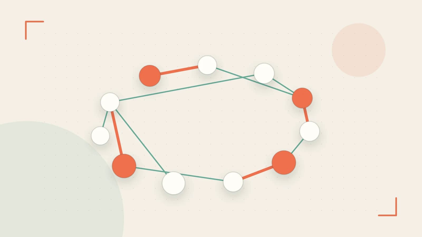 Editorial illustration of an algorithmic node graph with branching paths and a highlighted result