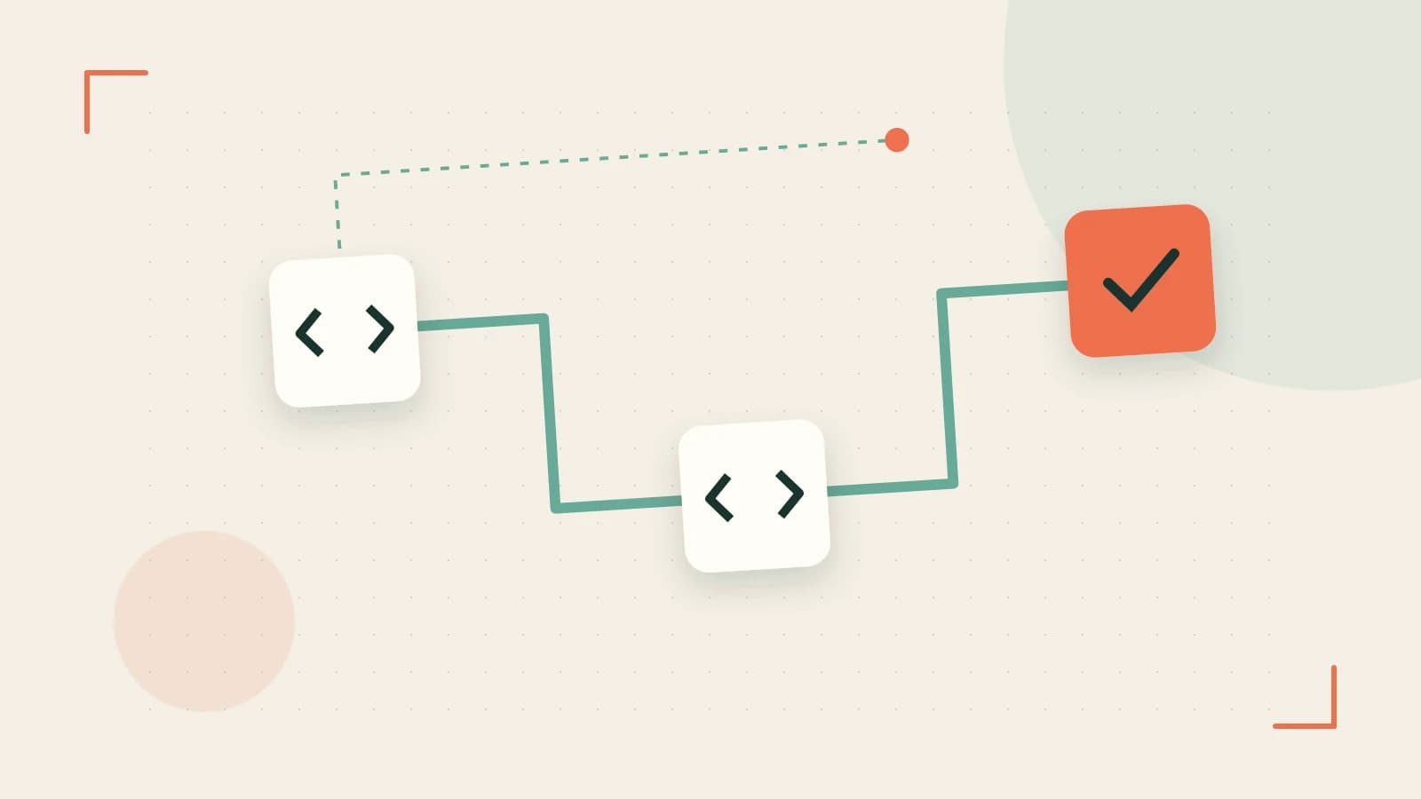 Editorial illustration of a branching build pipeline, staged transformations and a completed check