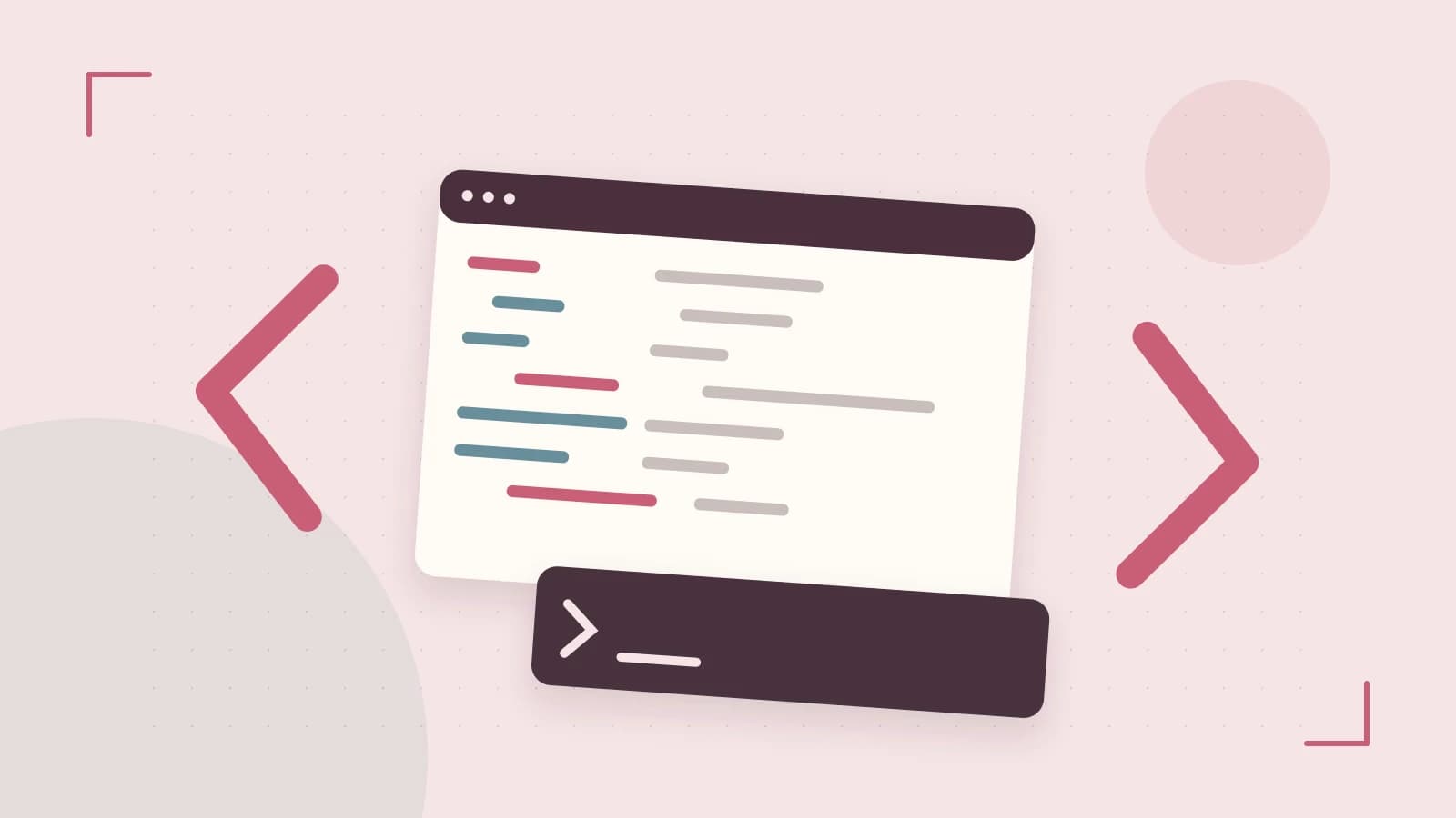Editorial illustration of an abstract code editor, syntax blocks and oversized programming brackets