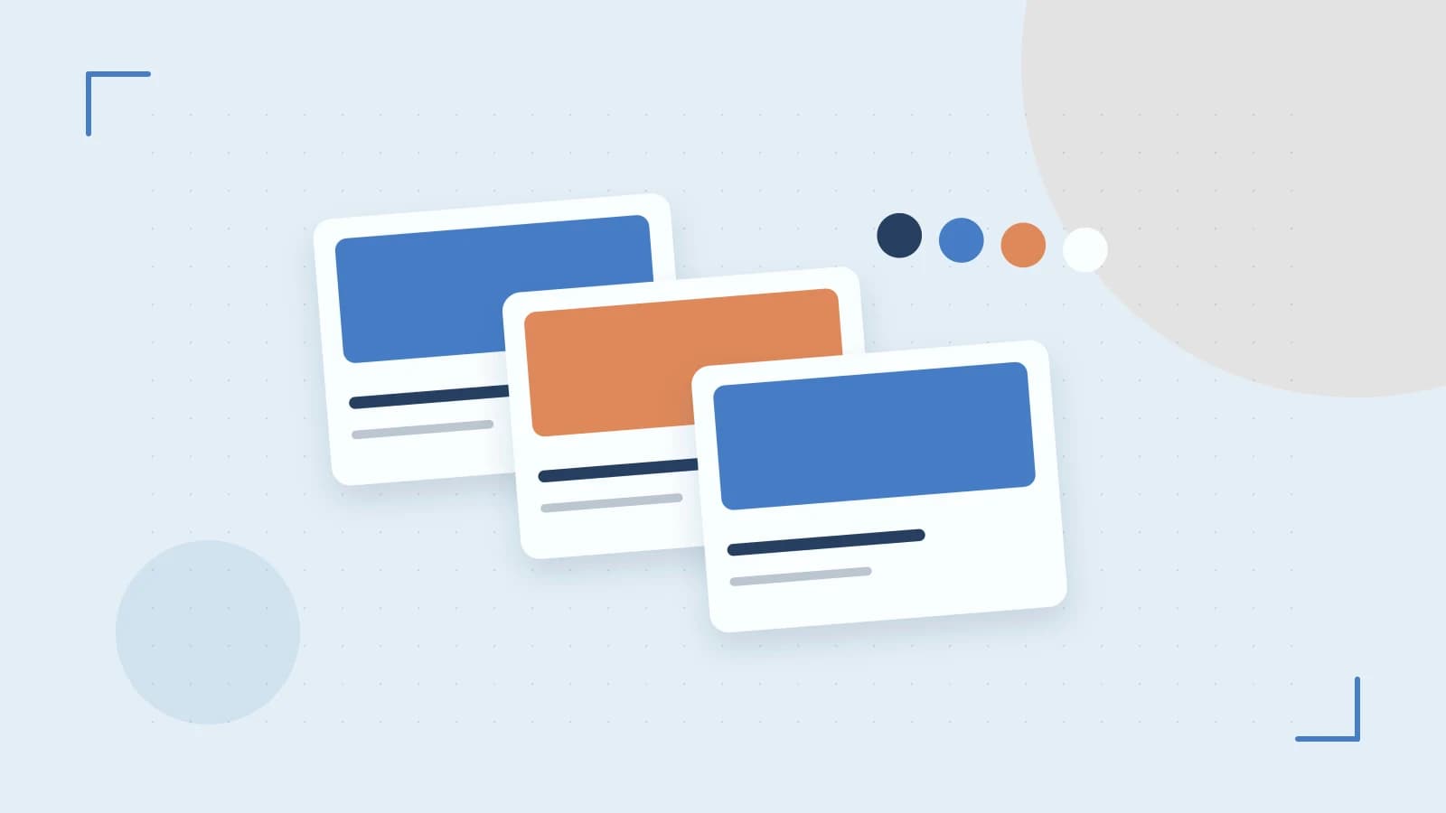 Editorial illustration of responsive browser layouts, overlapping design components and a color system