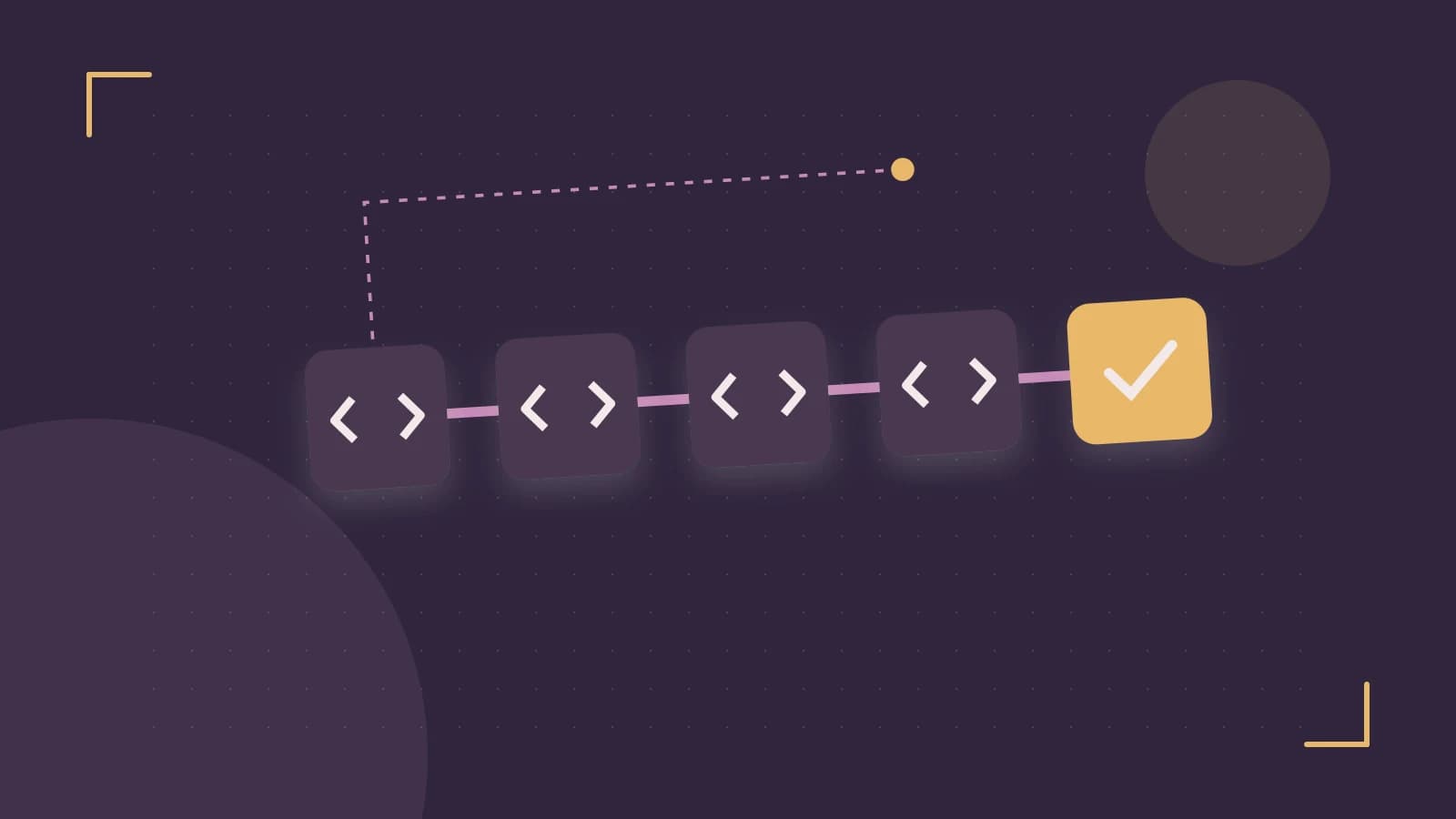 Editorial illustration of a branching build pipeline, staged transformations and a completed check