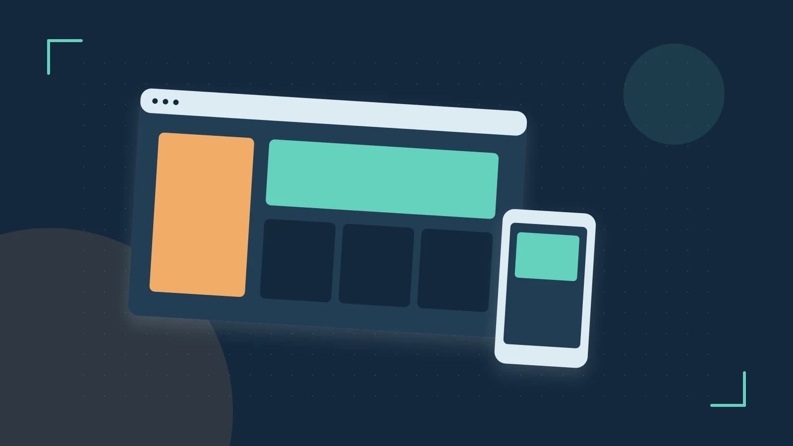 Editorial illustration of responsive browser layouts, overlapping design components and a color system