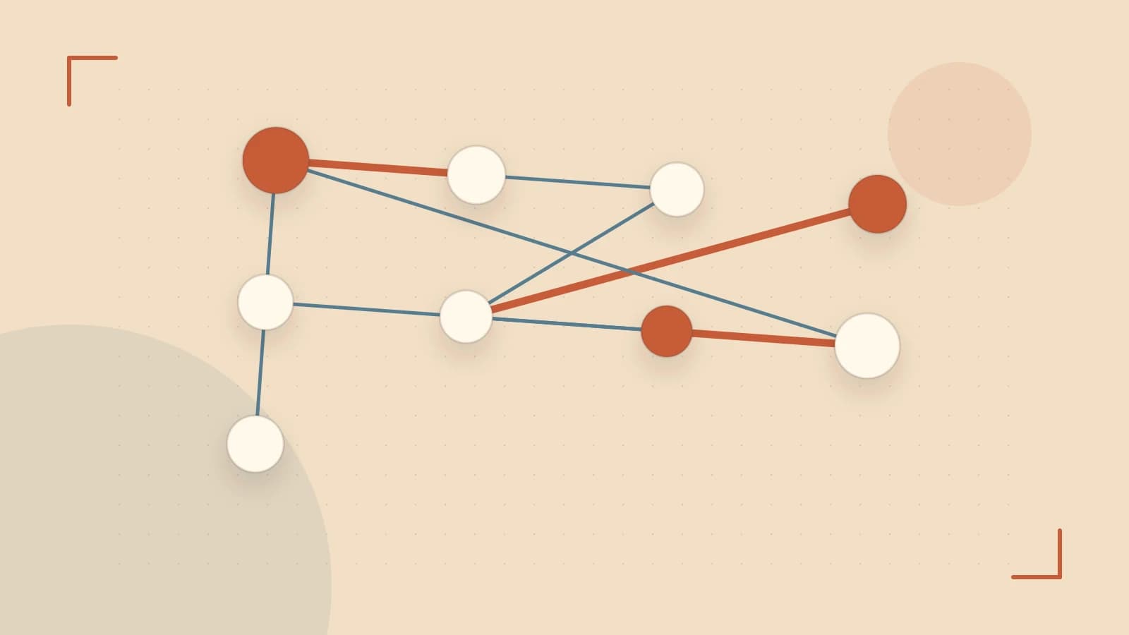Editorial illustration of an algorithmic node graph with branching paths and a highlighted result