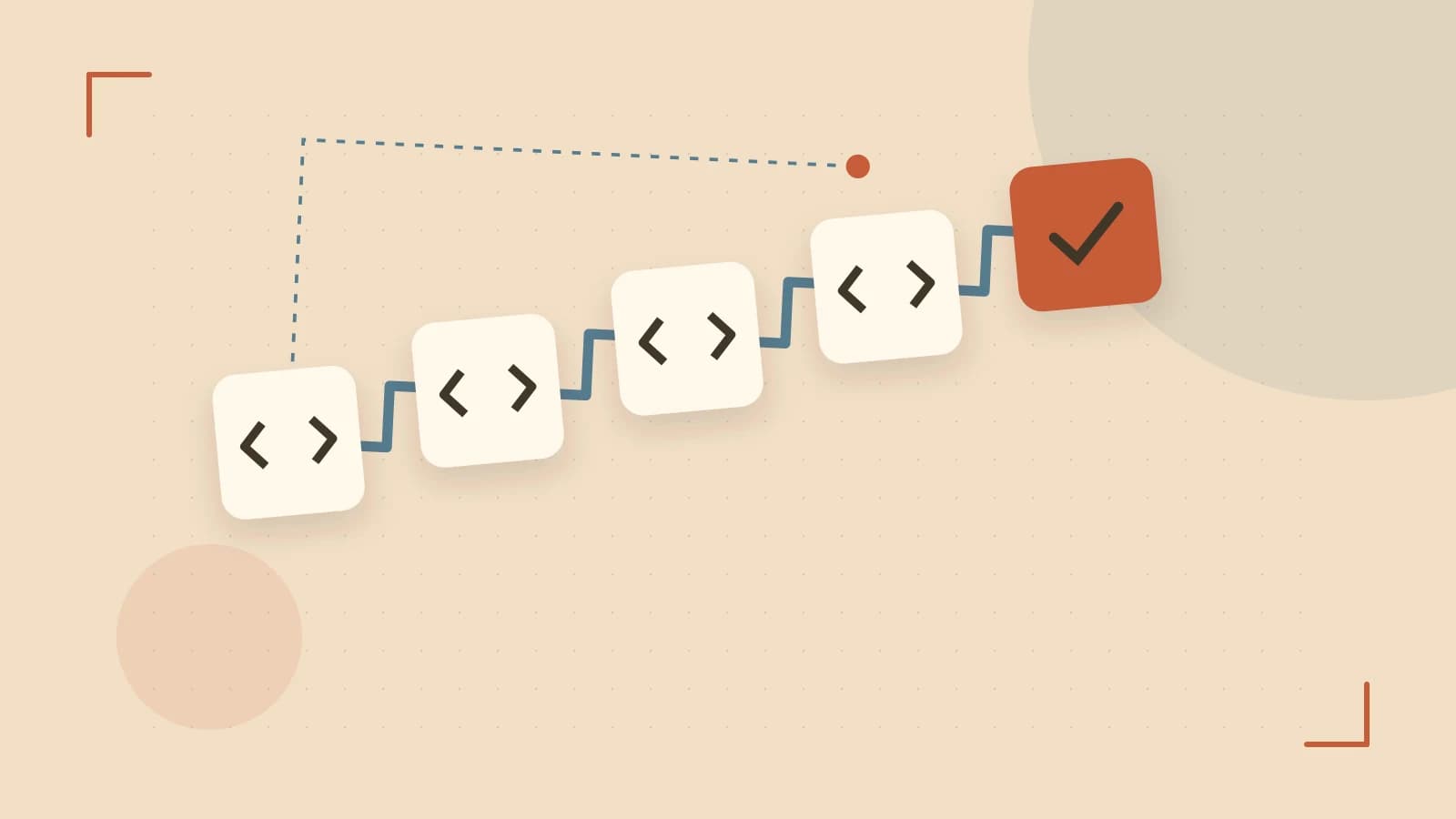 Editorial illustration of a branching build pipeline, staged transformations and a completed check