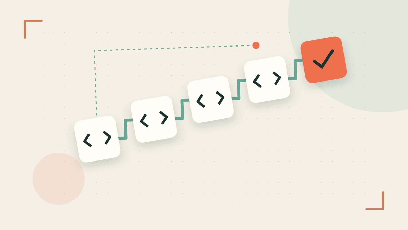 Editorial illustration of a branching build pipeline, staged transformations and a completed check