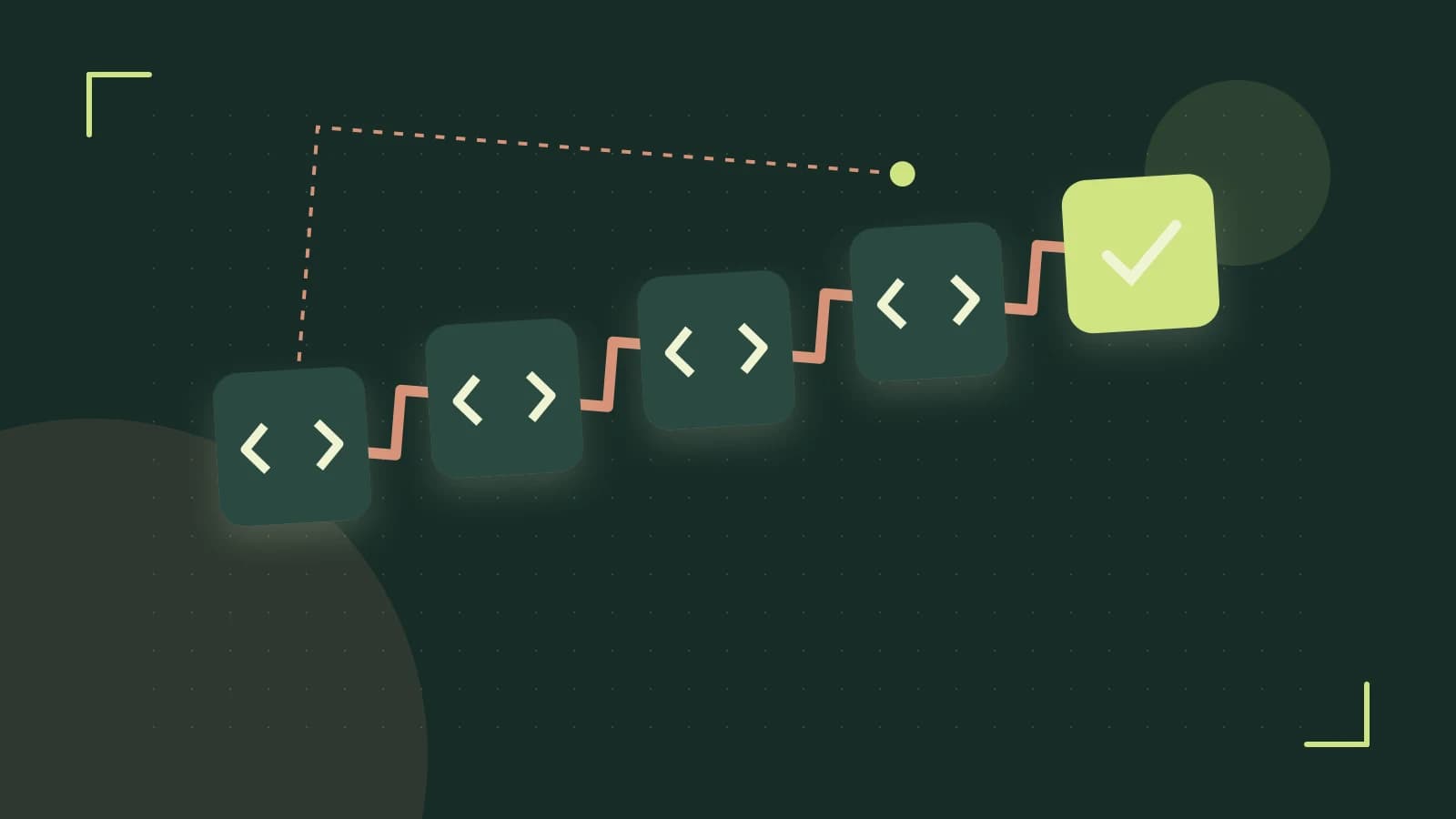 Editorial illustration of a branching build pipeline, staged transformations and a completed check