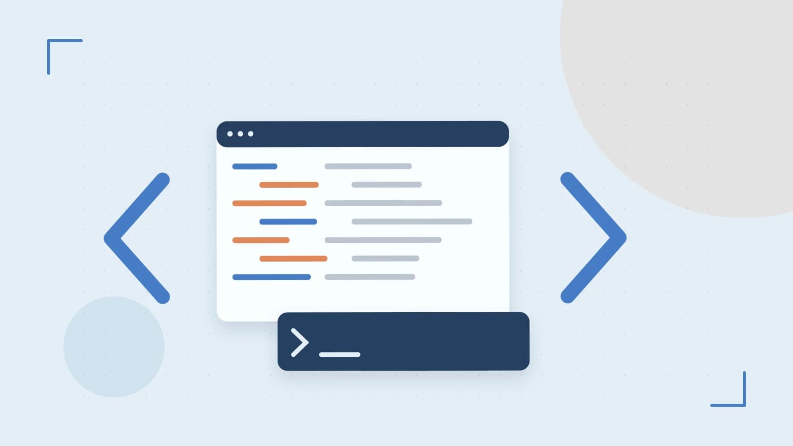 Editorial illustration of an abstract code editor, syntax blocks and oversized programming brackets