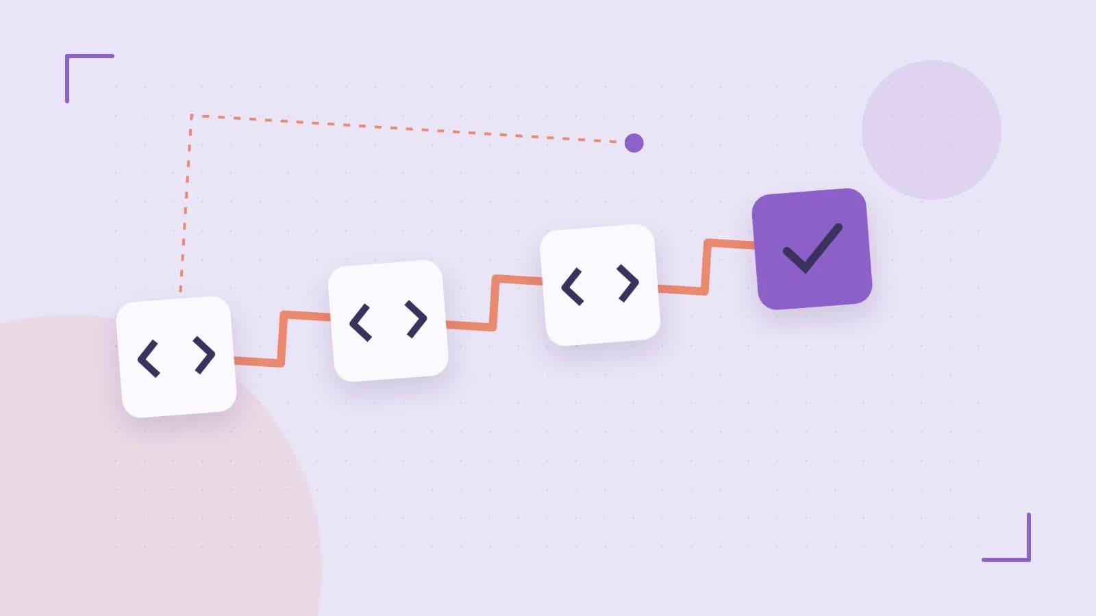 Editorial illustration of a branching build pipeline, staged transformations and a completed check