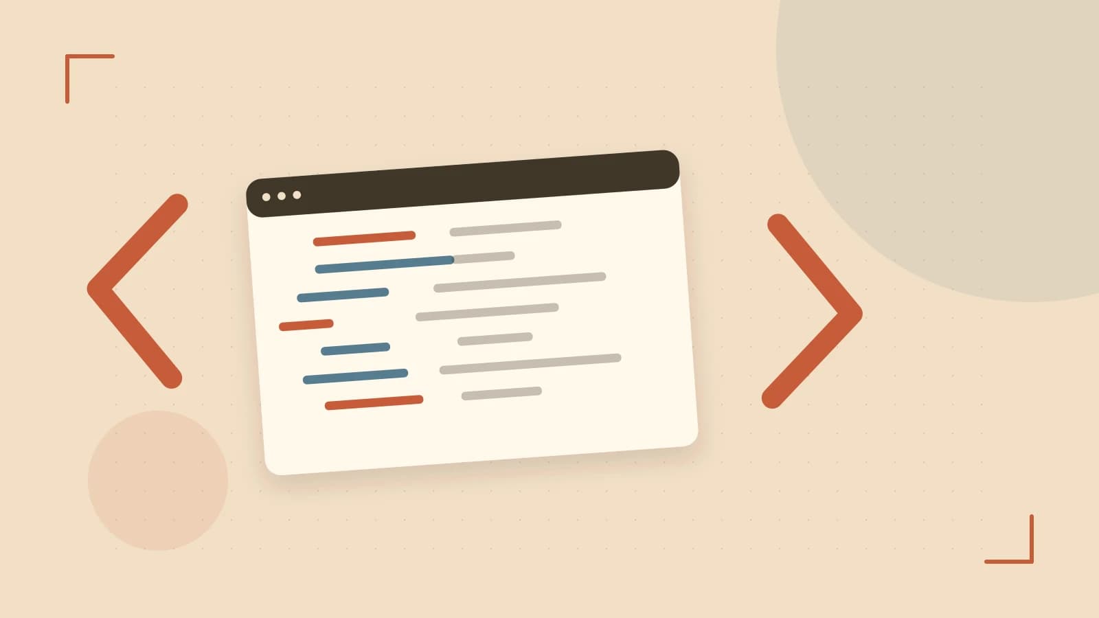 Editorial illustration of an abstract code editor, syntax blocks and oversized programming brackets