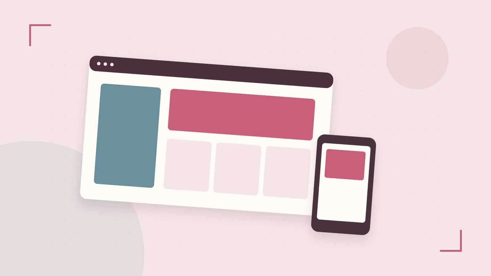 Editorial illustration of responsive browser layouts, overlapping design components and a color system