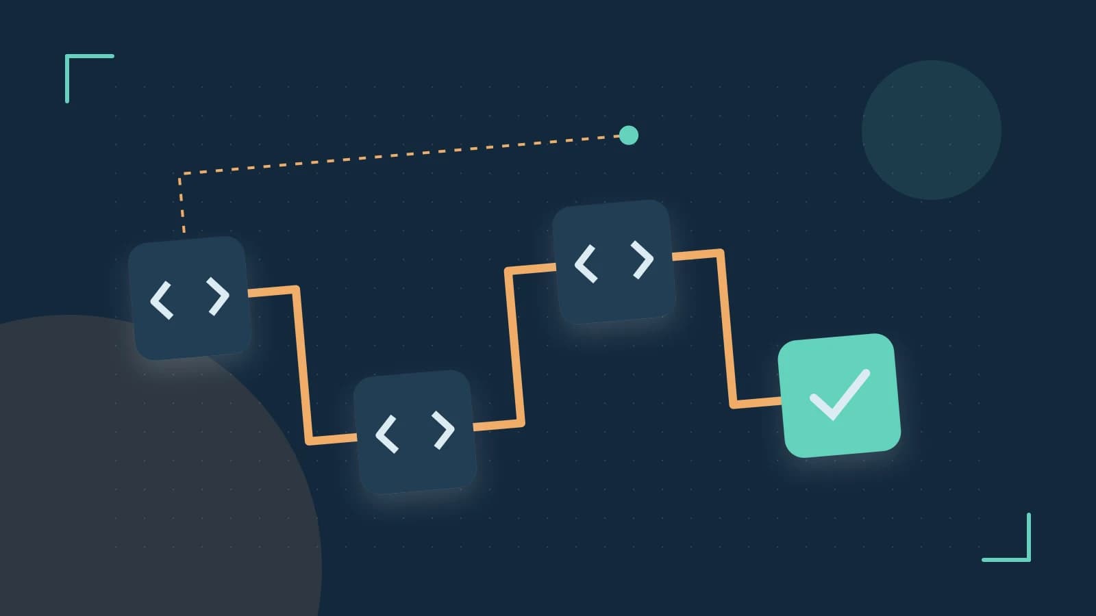 Editorial illustration of a branching build pipeline, staged transformations and a completed check