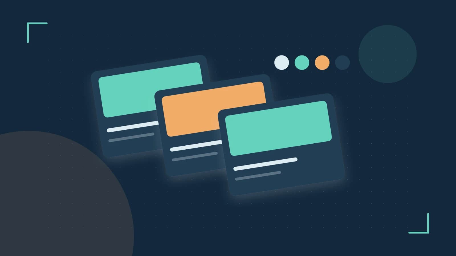 Editorial illustration of responsive browser layouts, overlapping design components and a color system