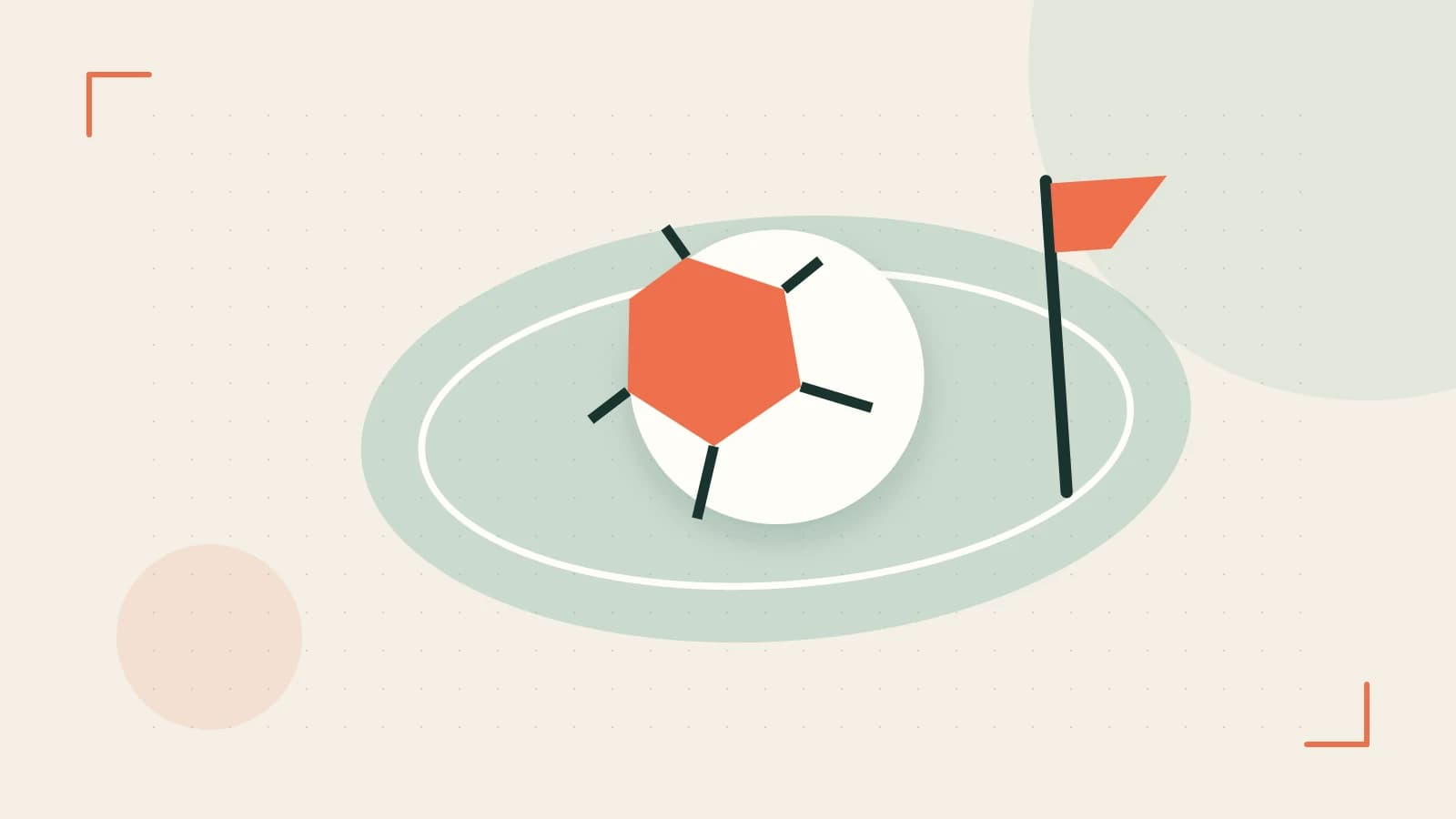 Editorial illustration of a stylized sports ball, stadium geometry and dynamic arcs