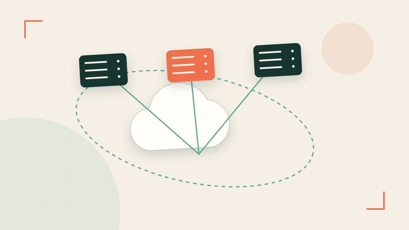 Editorial illustration of cloud infrastructure, connected server racks and an orbital service map