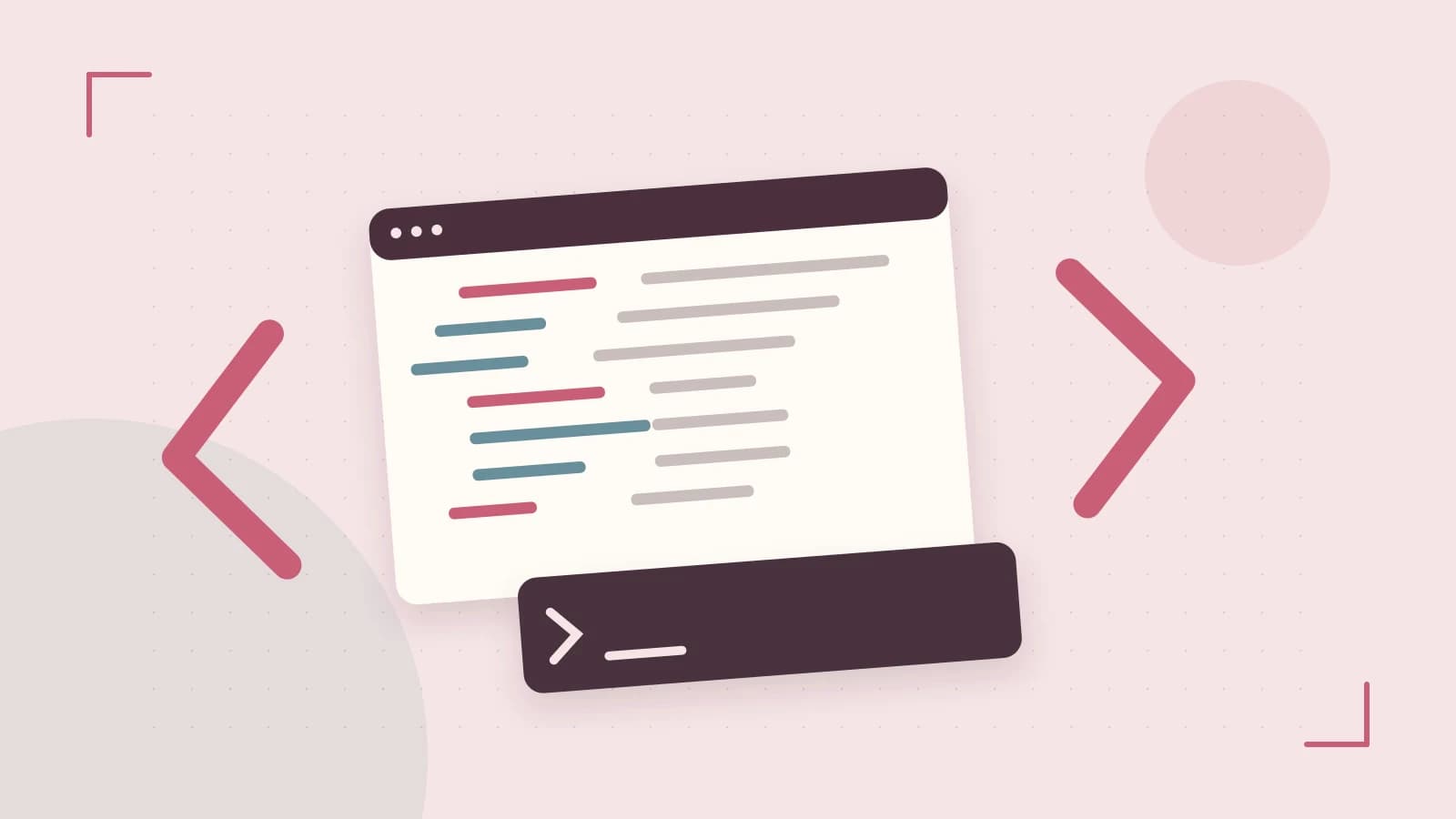 Editorial illustration of an abstract code editor, syntax blocks and oversized programming brackets