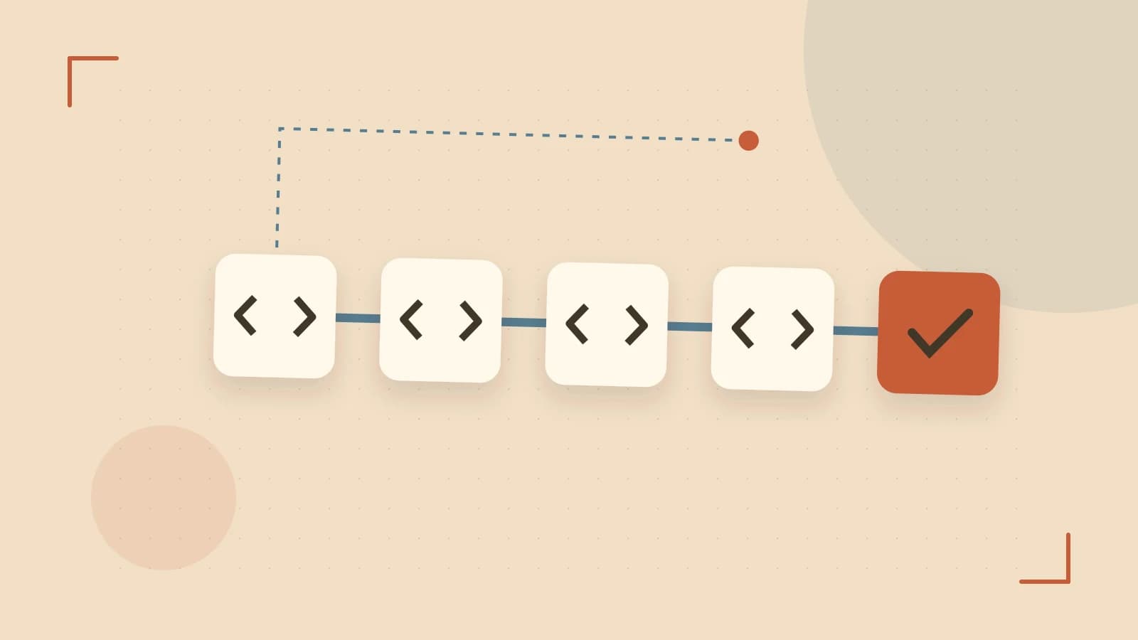 Editorial illustration of a branching build pipeline, staged transformations and a completed check