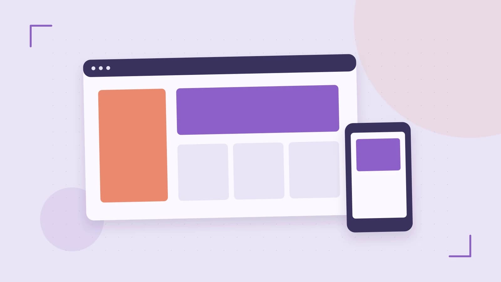 Editorial illustration of responsive browser layouts, overlapping design components and a color system
