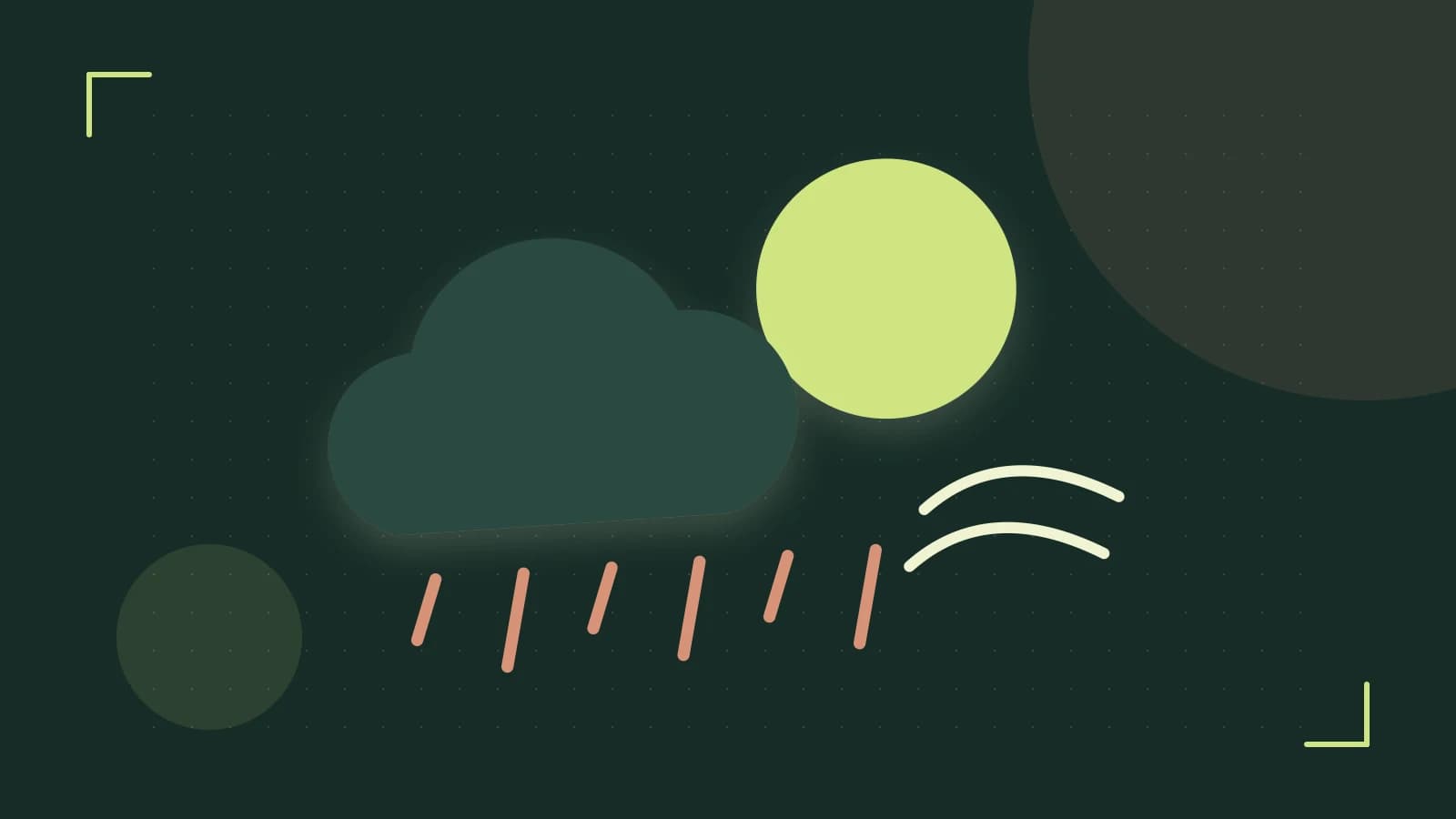 Editorial illustration of a sun, layered clouds, raindrops and flowing weather patterns