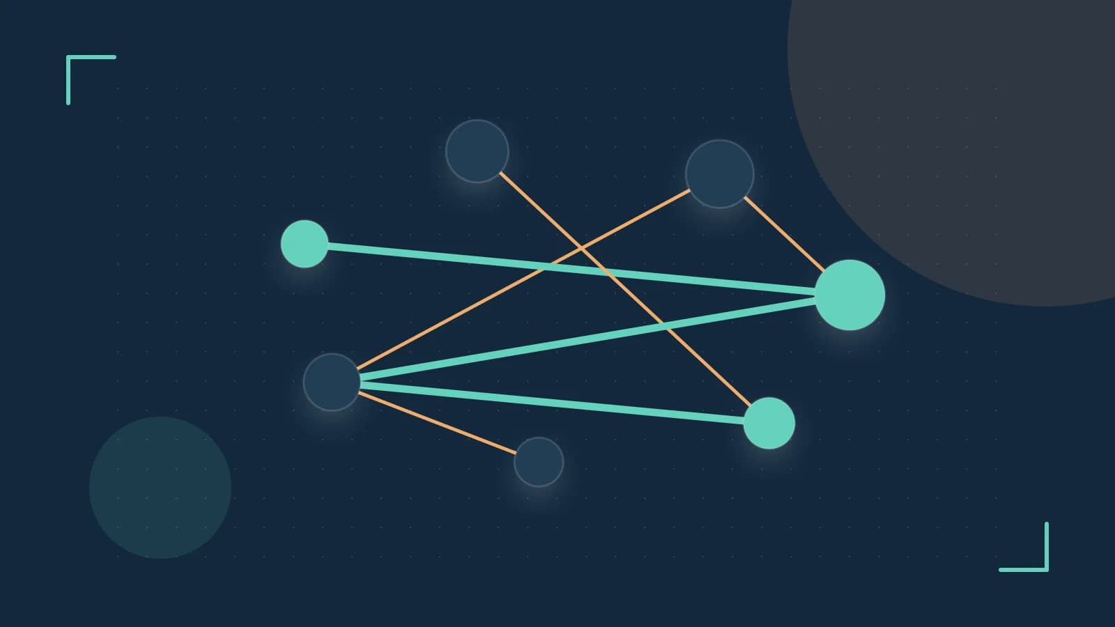 Editorial illustration of an algorithmic node graph with branching paths and a highlighted result