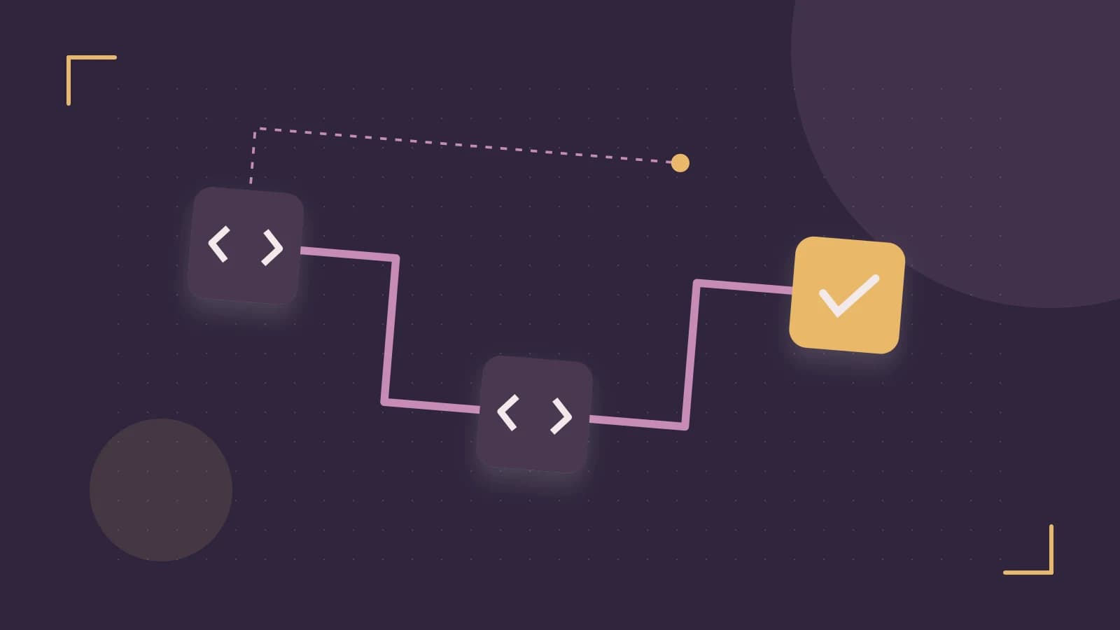 Editorial illustration of a branching build pipeline, staged transformations and a completed check