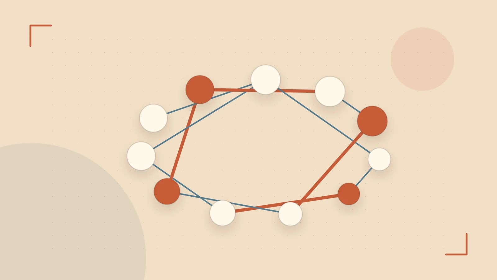 Editorial illustration of an algorithmic node graph with branching paths and a highlighted result