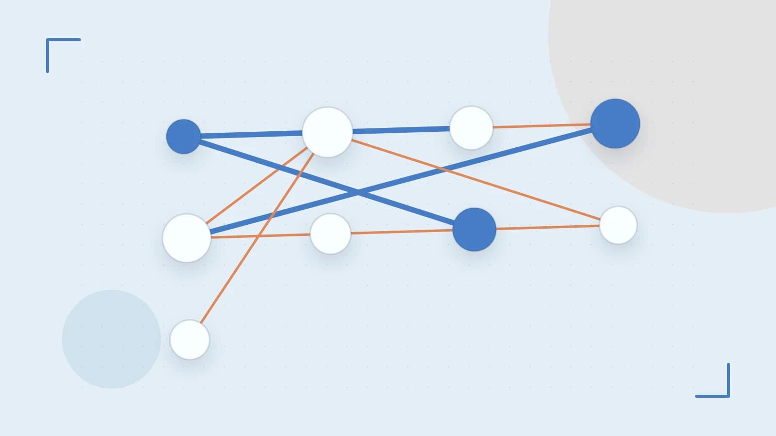 Editorial illustration of an algorithmic node graph with branching paths and a highlighted result