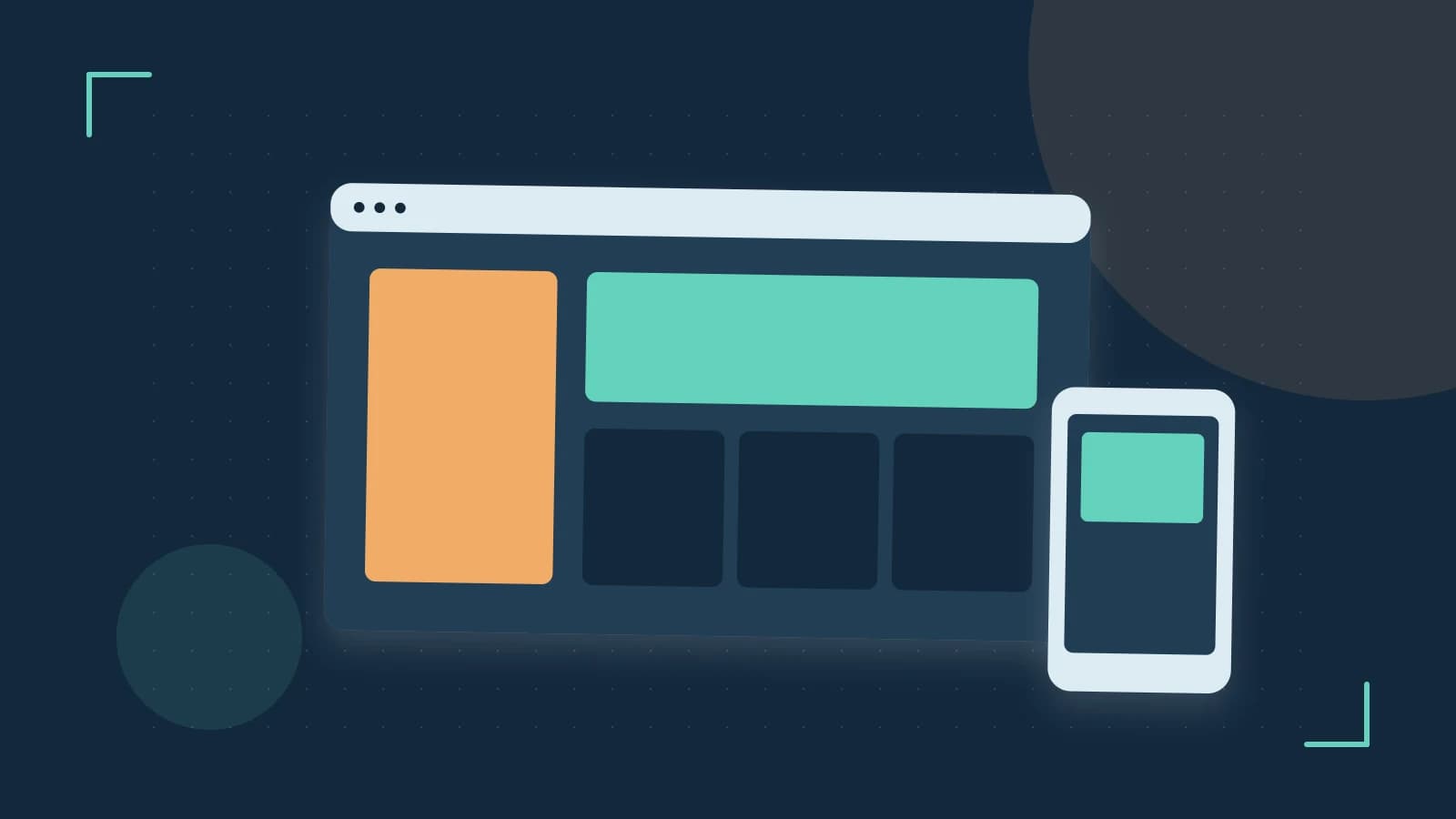 Editorial illustration of responsive browser layouts, overlapping design components and a color system