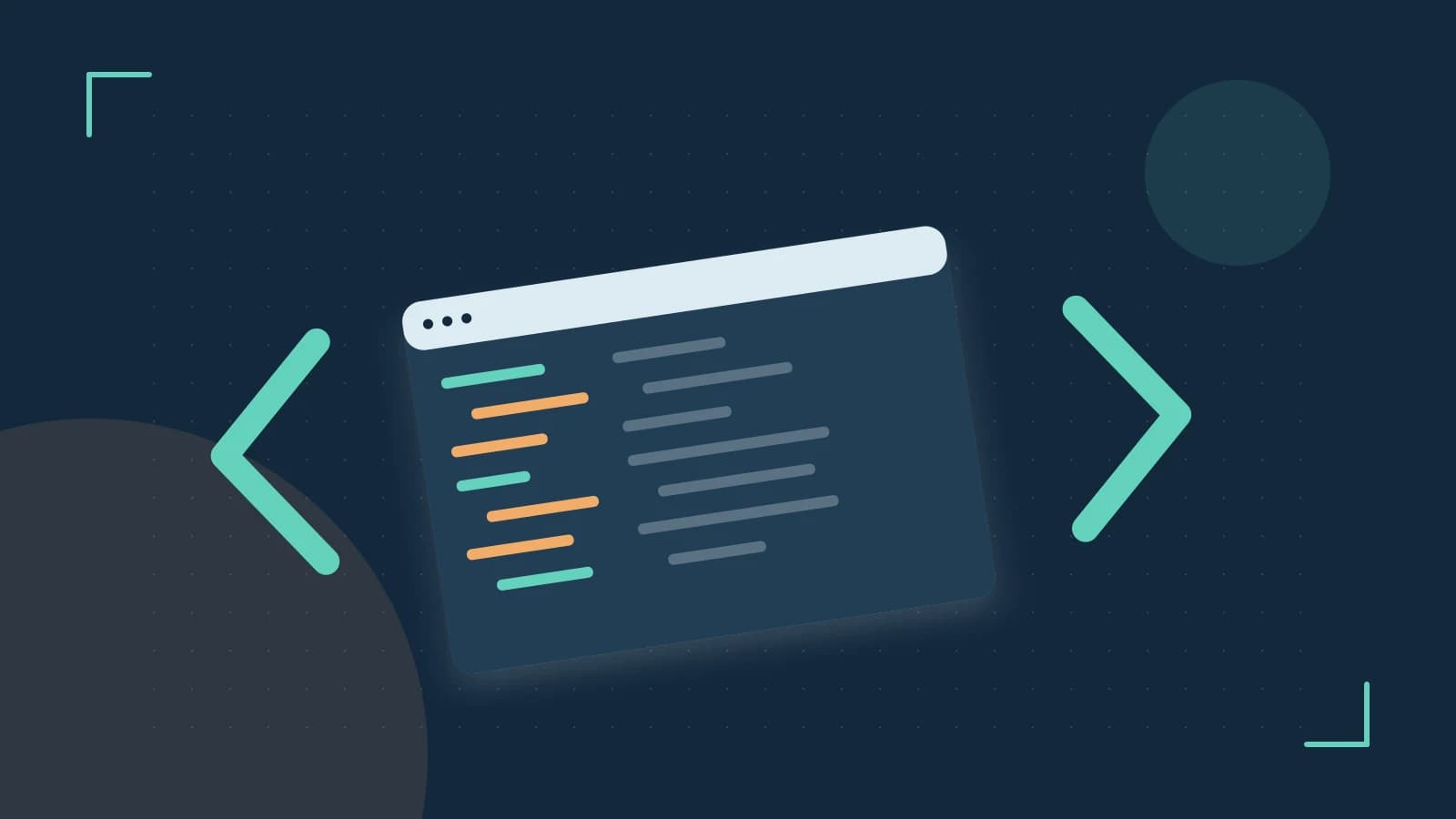 Editorial illustration of an abstract code editor, syntax blocks and oversized programming brackets