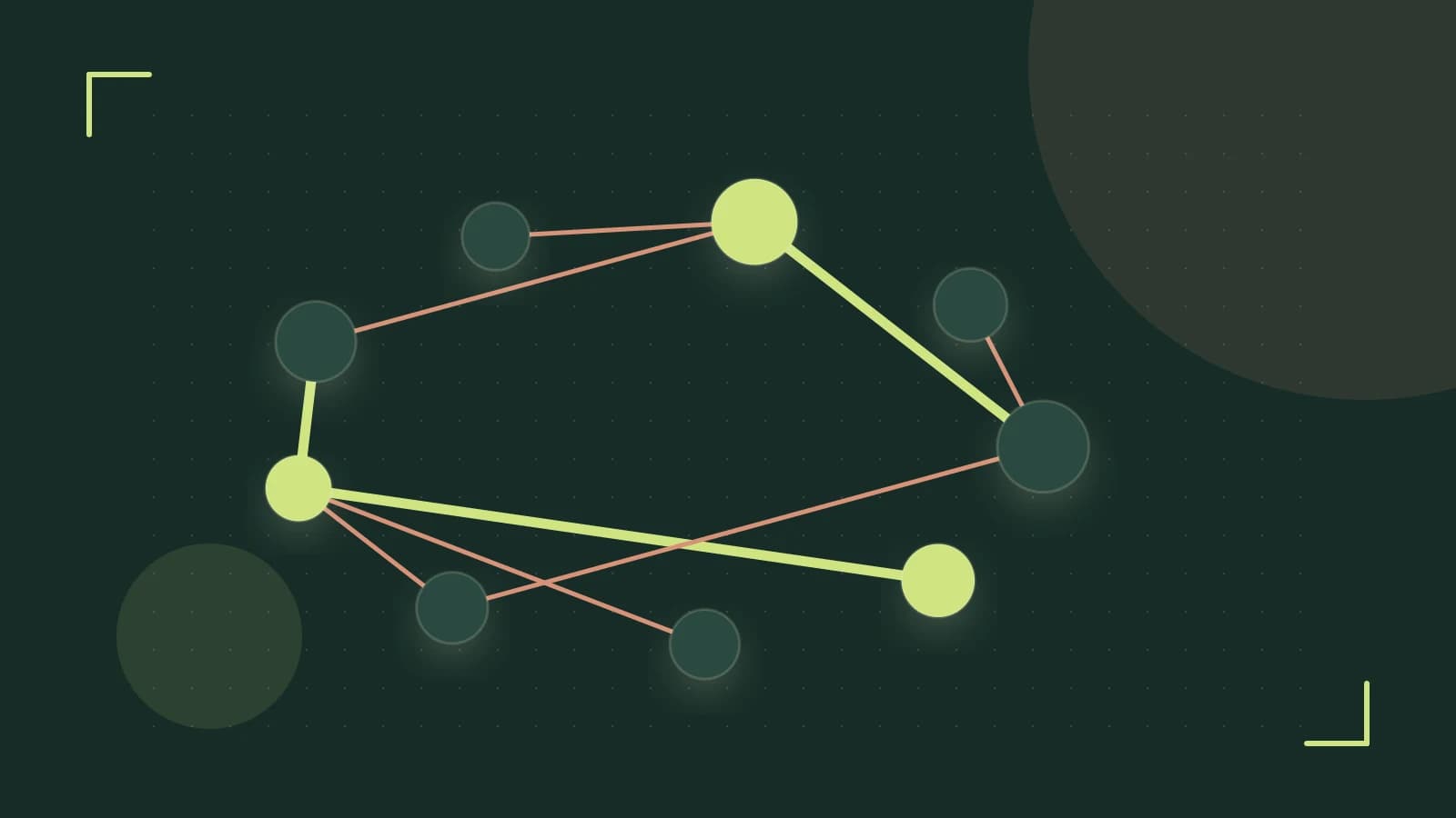 Editorial illustration of an algorithmic node graph with branching paths and a highlighted result
