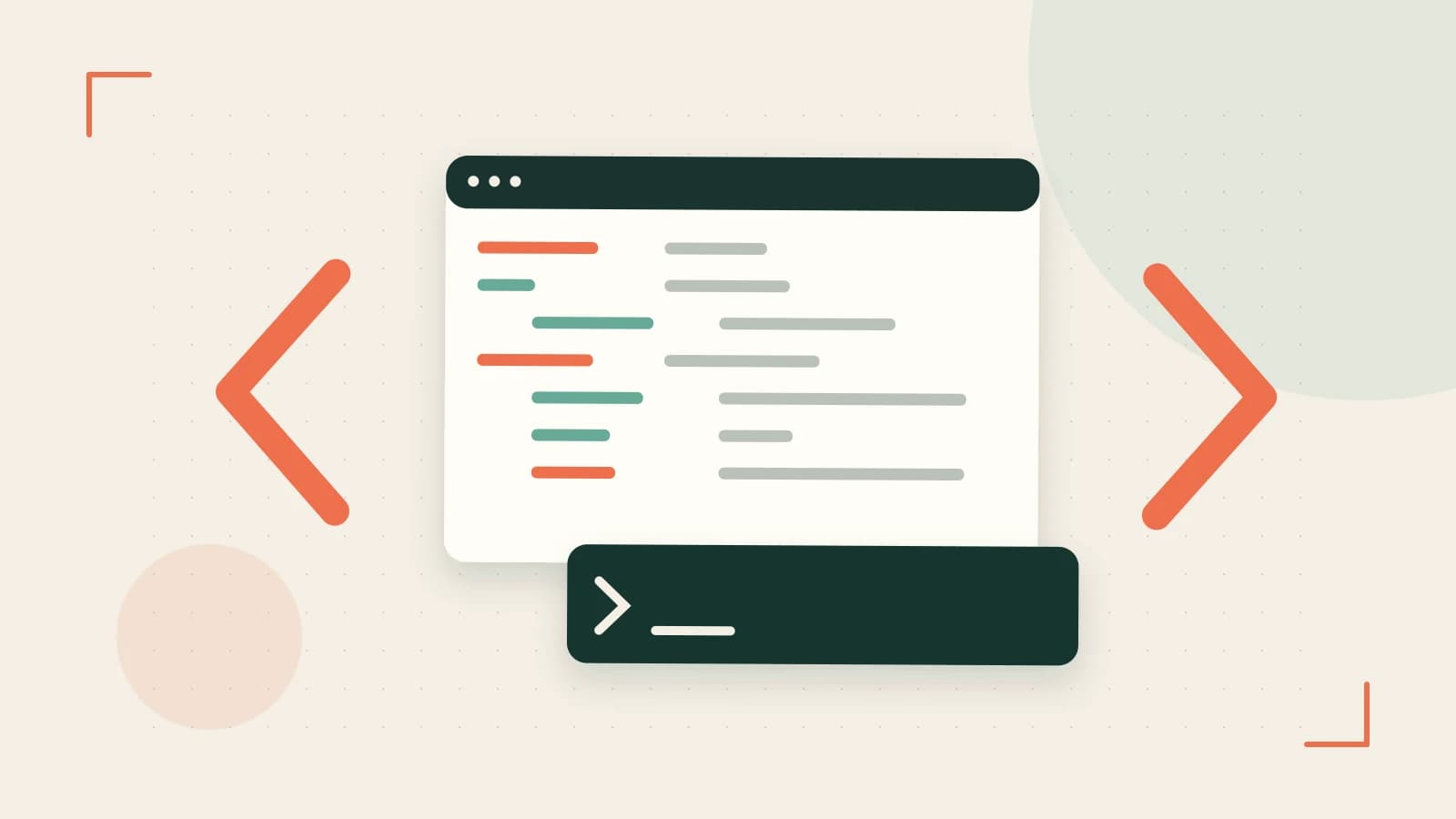 Editorial illustration of an abstract code editor, syntax blocks and oversized programming brackets