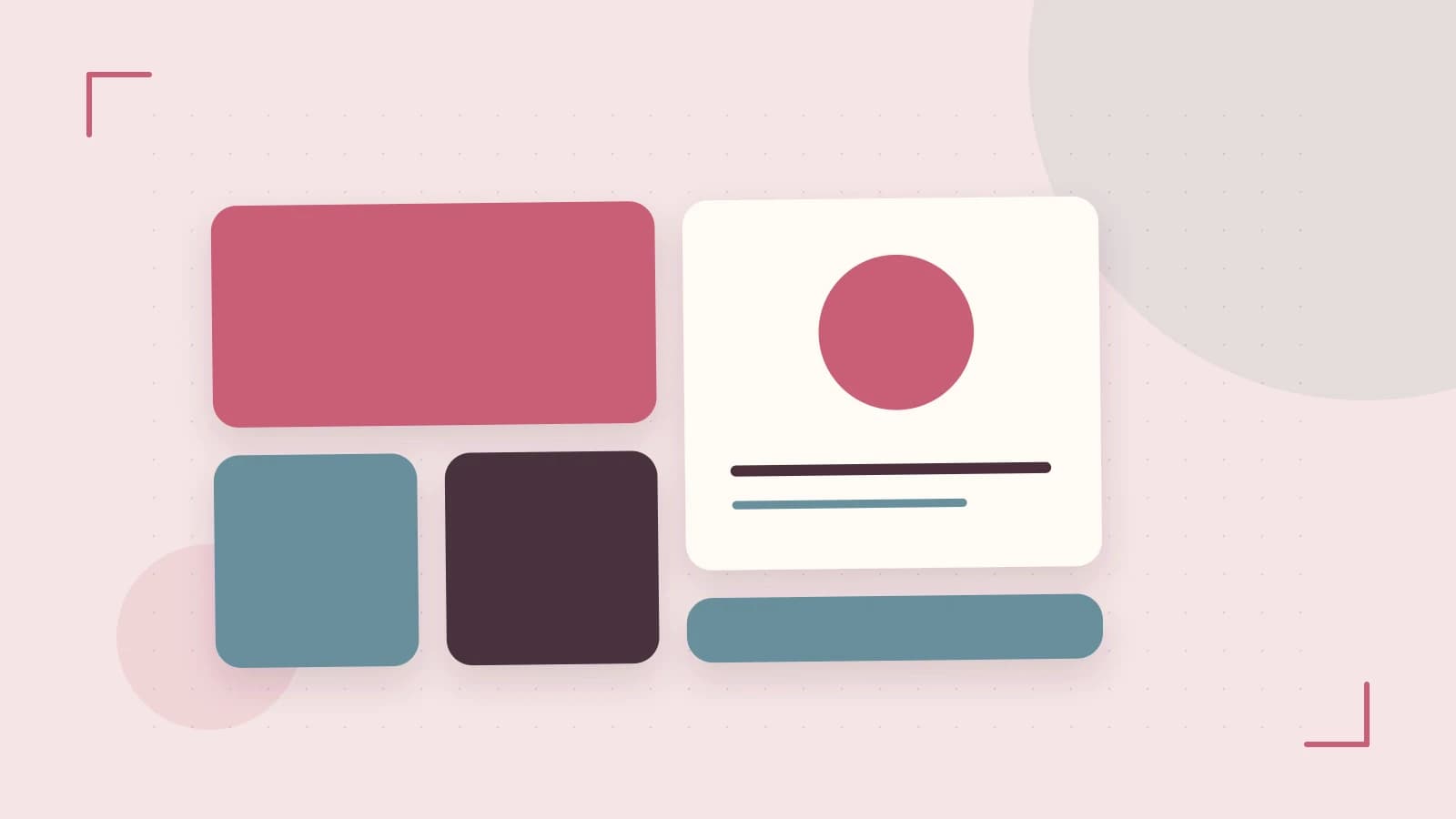 Editorial illustration of responsive browser layouts, overlapping design components and a color system