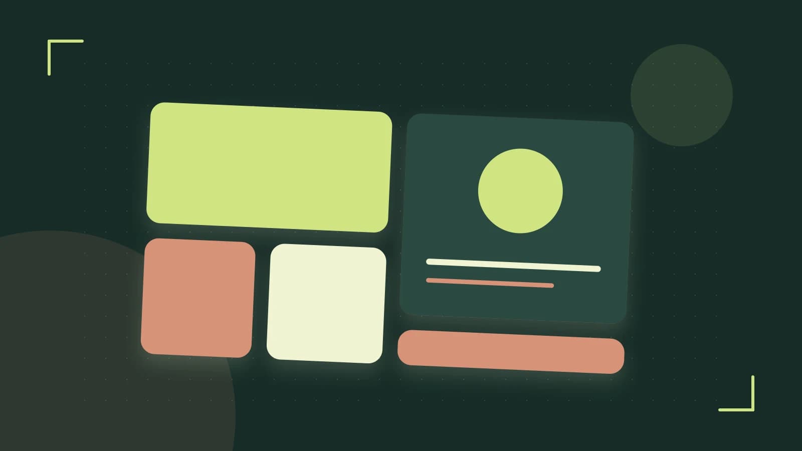 Editorial illustration of responsive browser layouts, overlapping design components and a color system