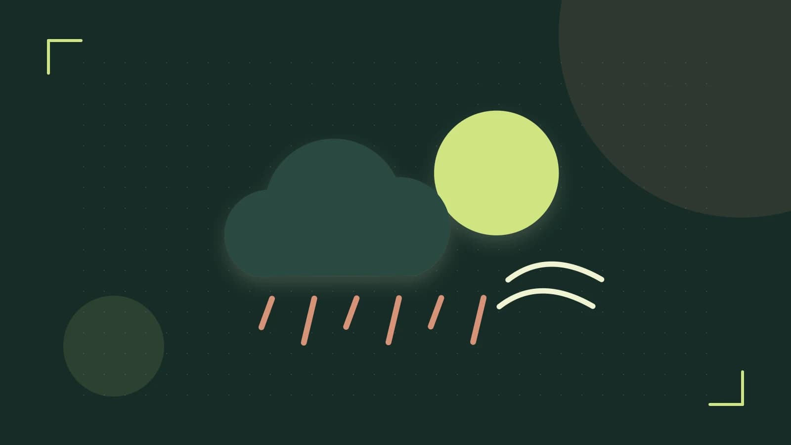 Editorial illustration of a sun, layered clouds, raindrops and flowing weather patterns