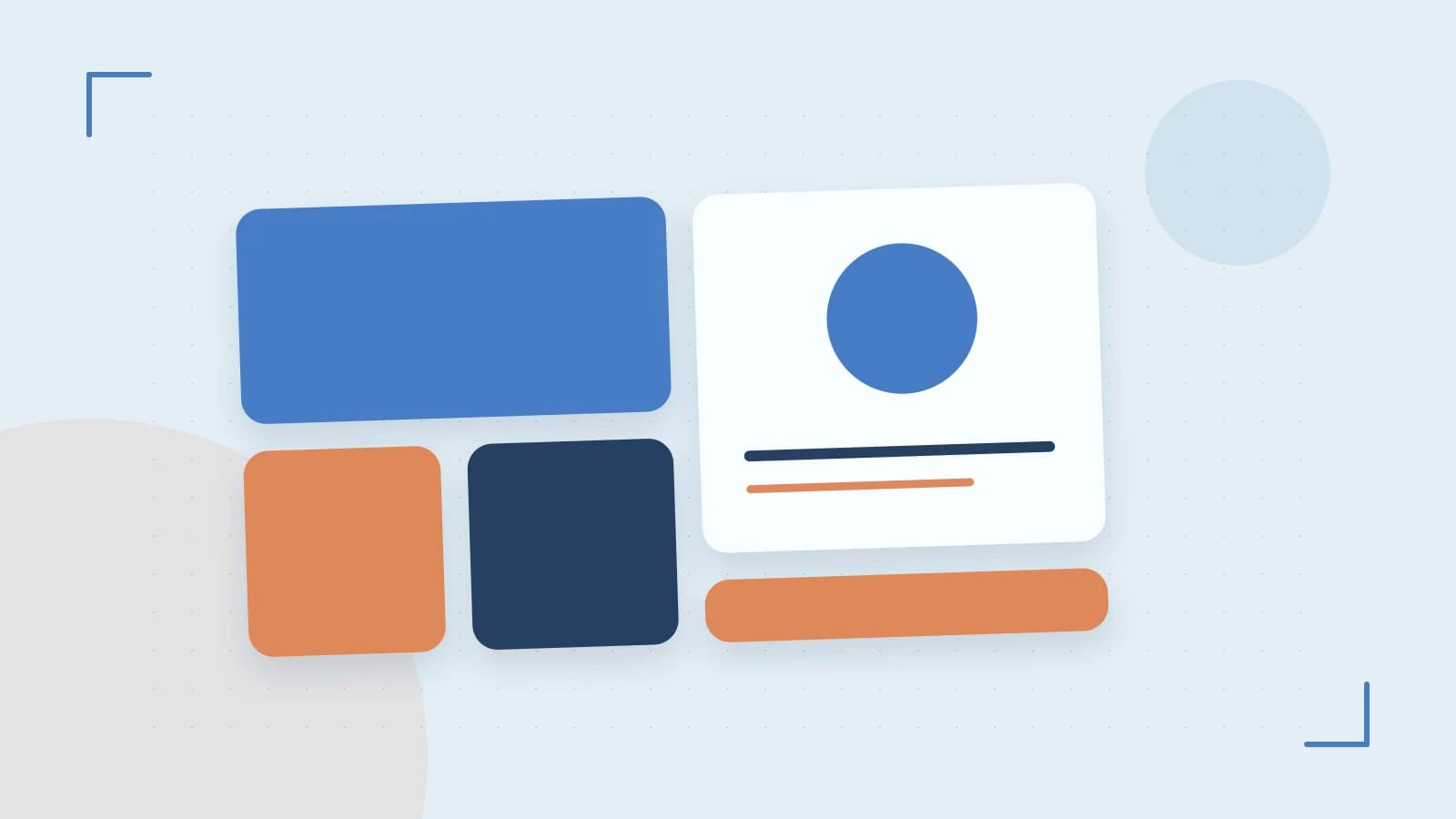 Editorial illustration of responsive browser layouts, overlapping design components and a color system
