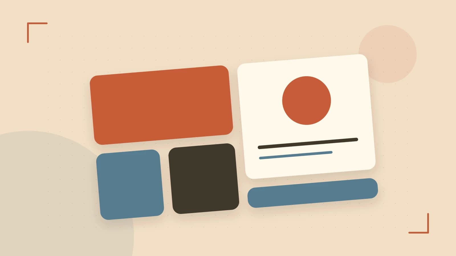 Editorial illustration of responsive browser layouts, overlapping design components and a color system