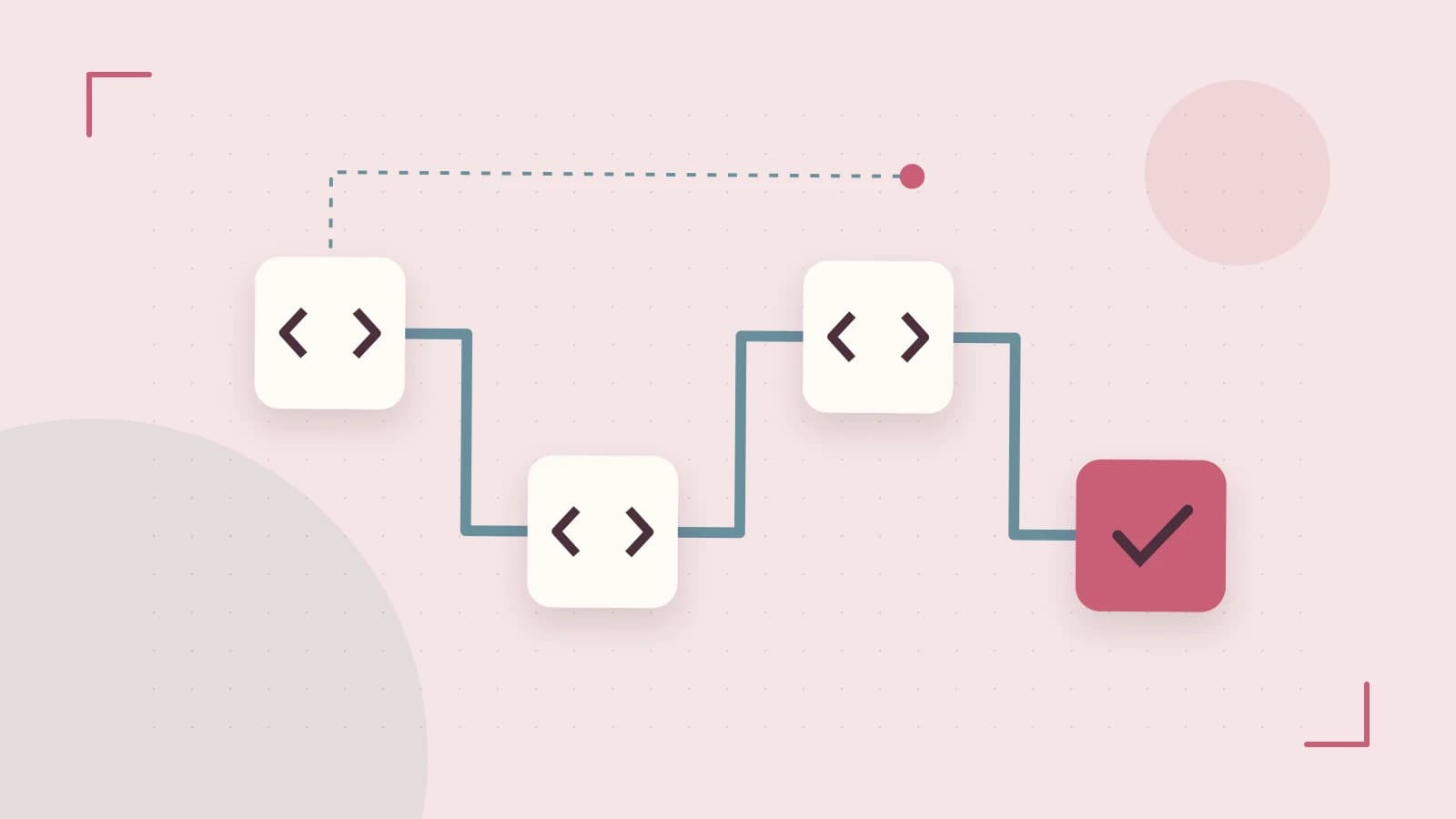 Editorial illustration of a branching build pipeline, staged transformations and a completed check
