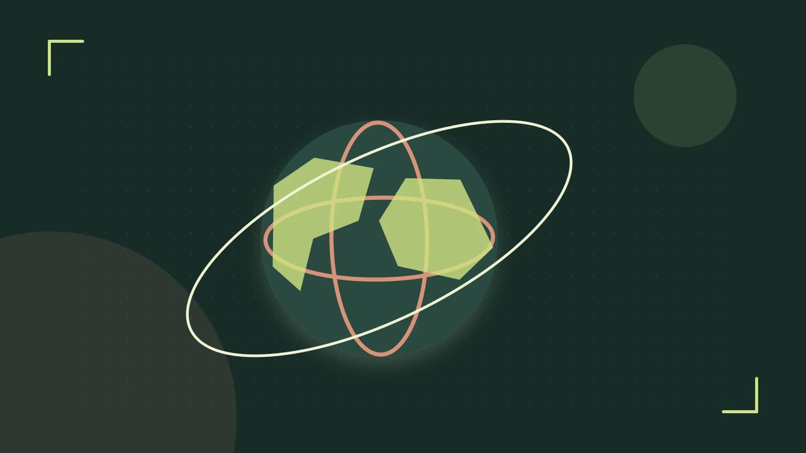 Editorial illustration of an editorial globe with meridians and layered geographic shapes