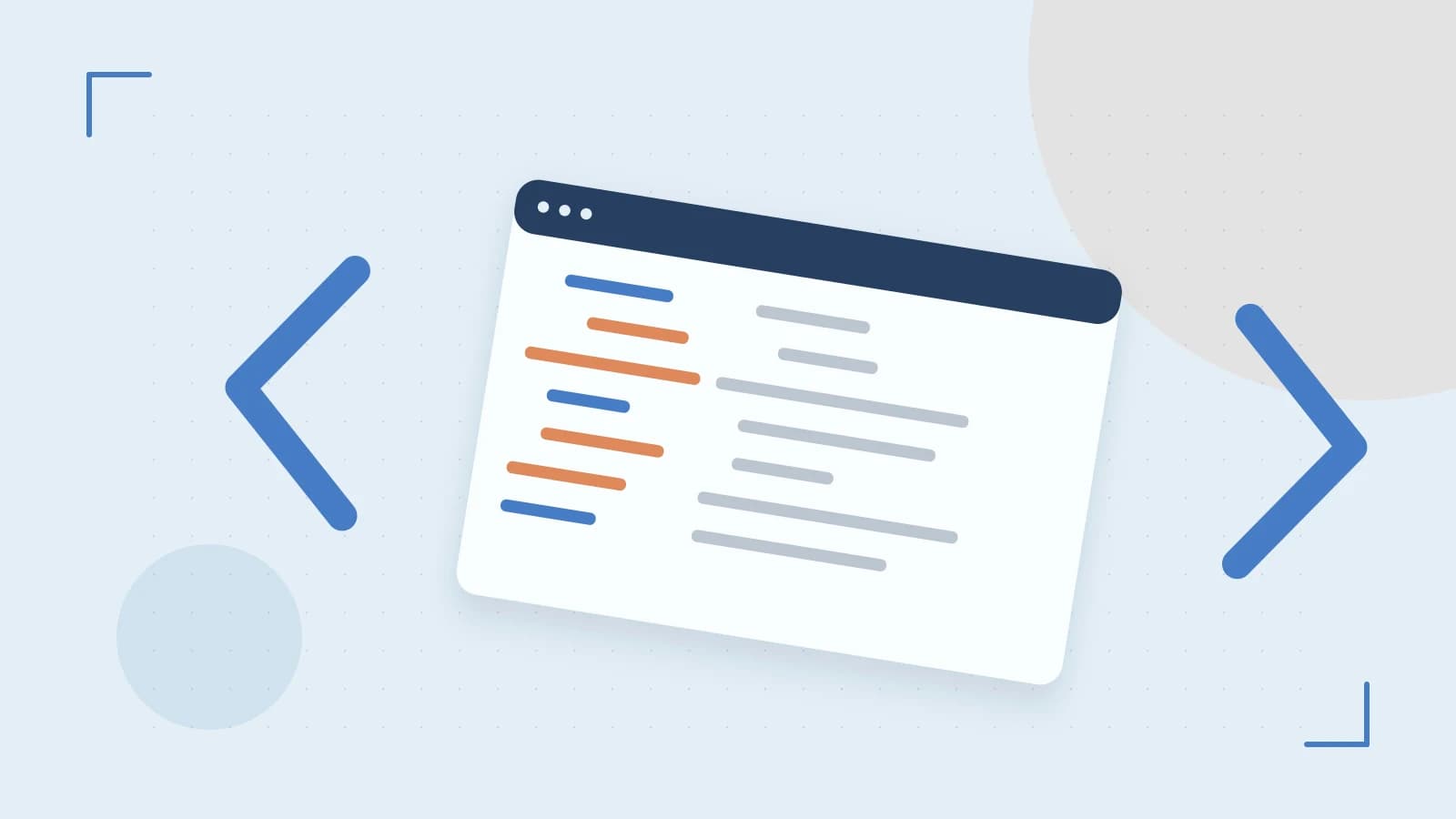 Editorial illustration of an abstract code editor, syntax blocks and oversized programming brackets
